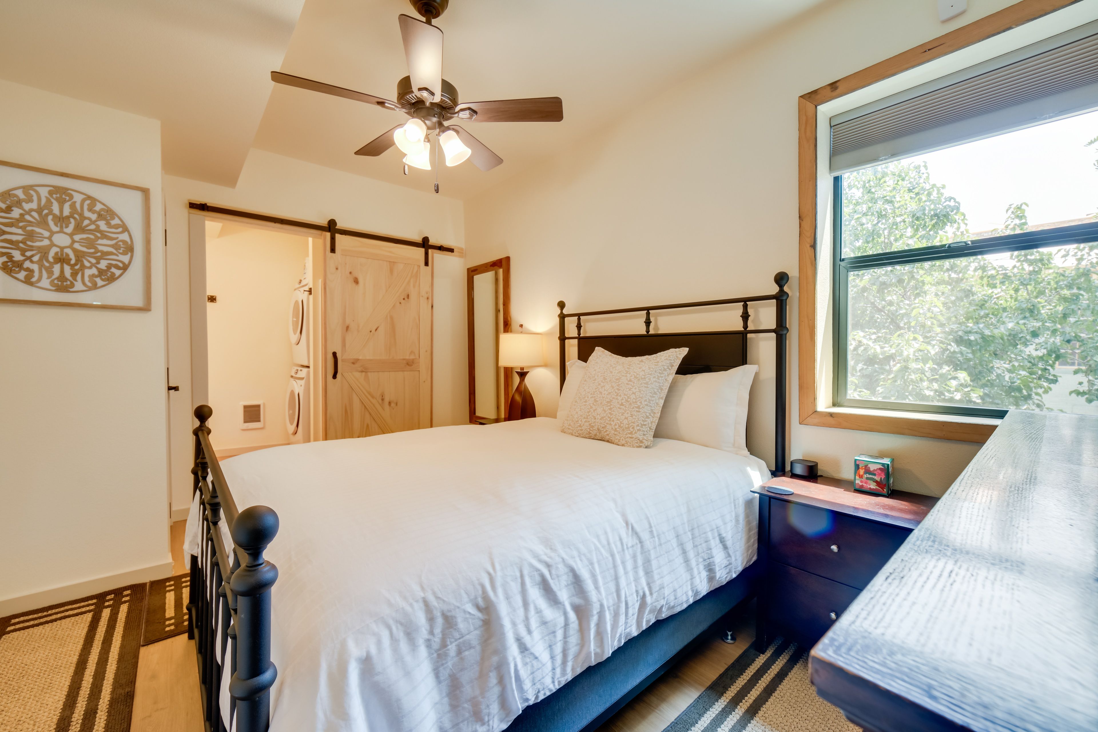 Bedroom 1 | Queen Bed | Linens Provided | Electric Wall Heater | Ceiling Fan