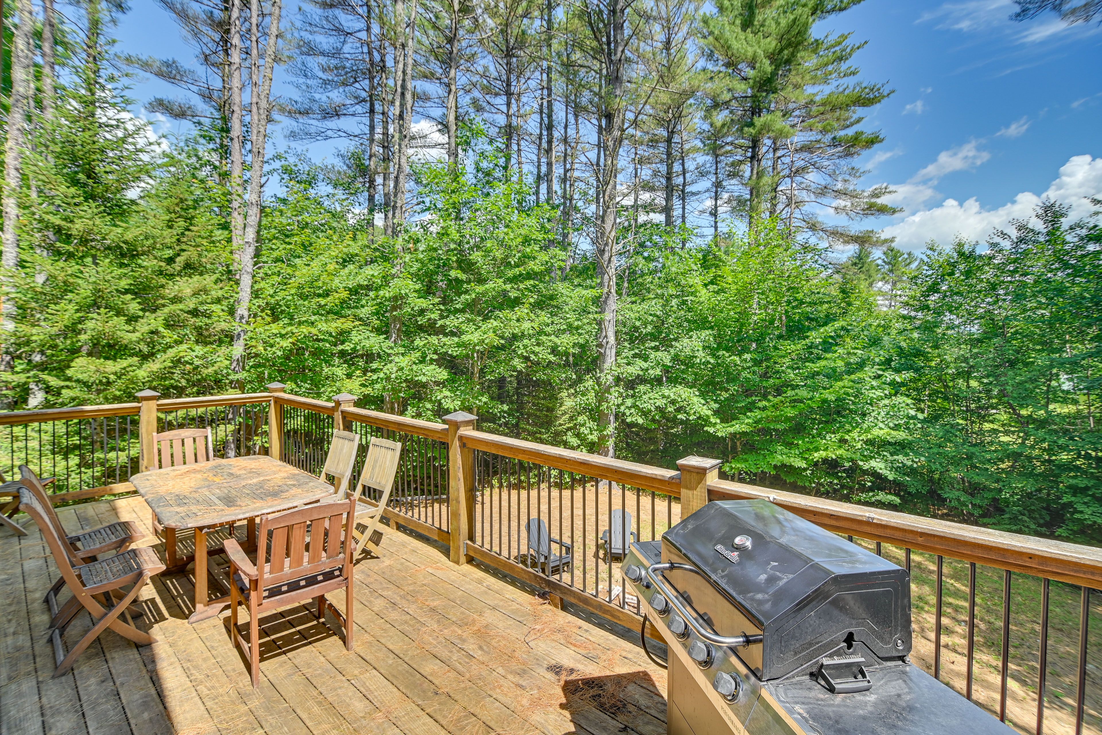 Spacious Deck w/ Forested Views | Dining Area | Gas Grill
