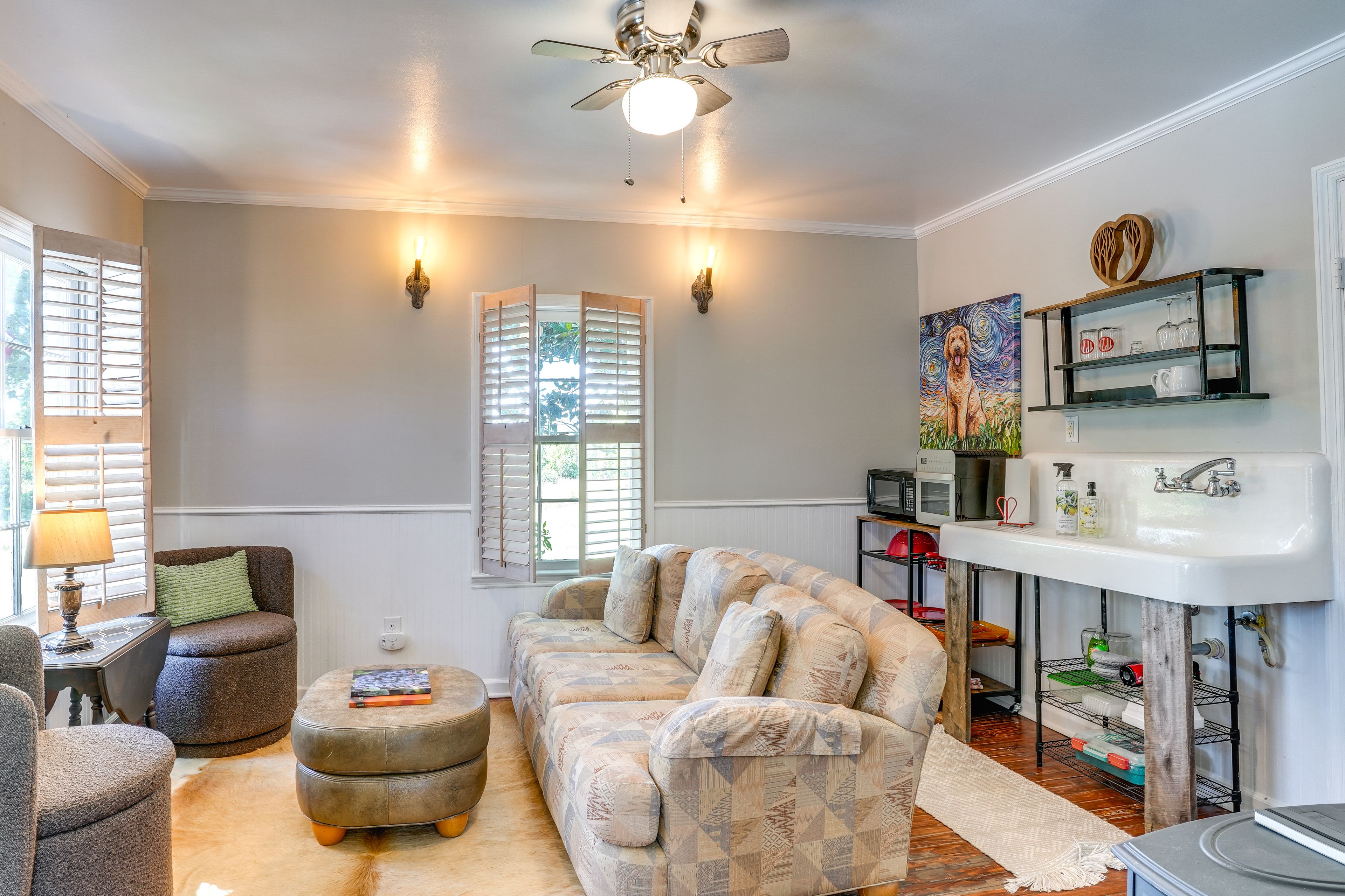 Living Room & Kitchenette | Free WiFi | Window A/C Units | Gas Fireplace