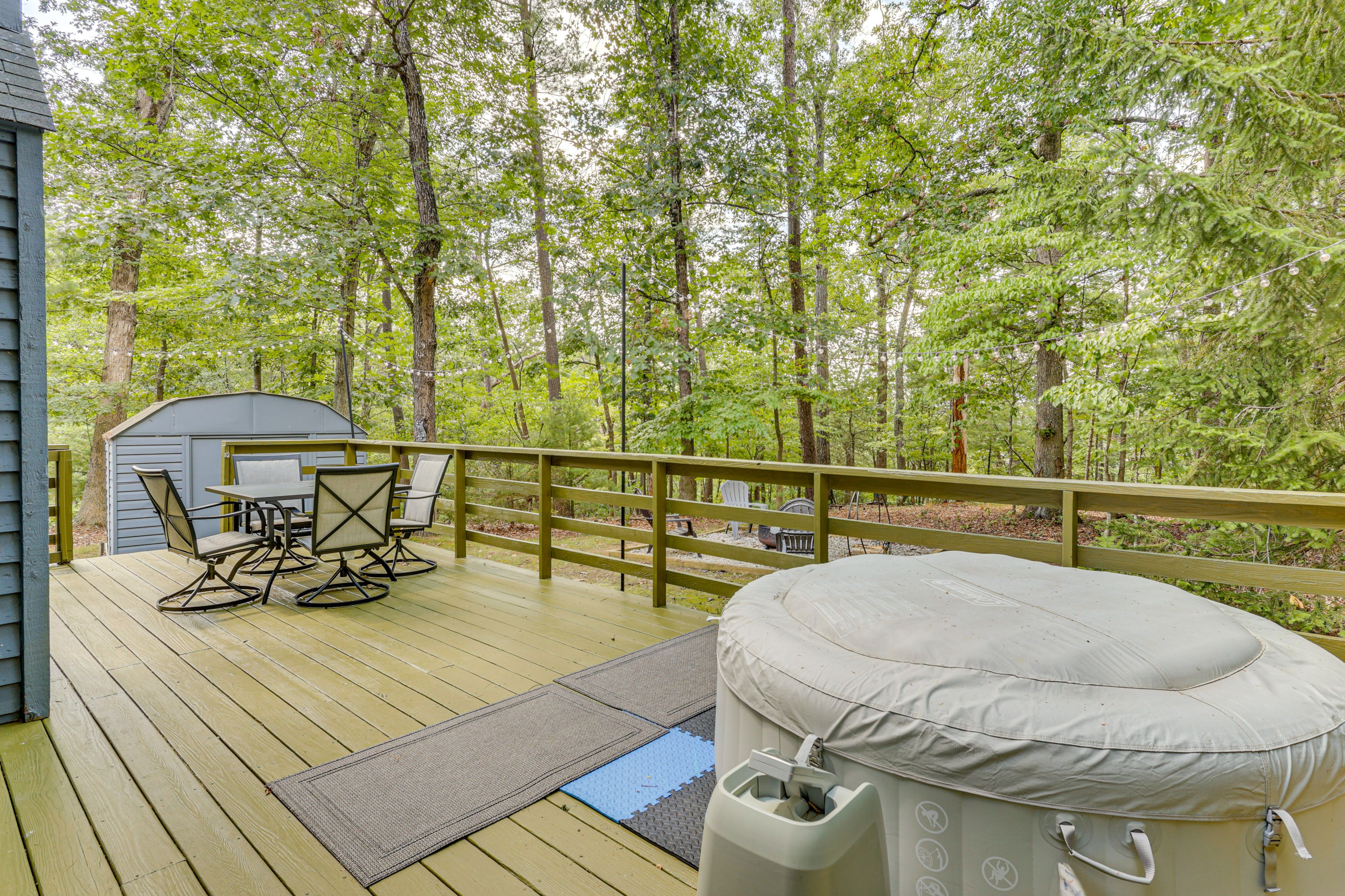 Private Deck | 2-3 Person Inflatable Hot Tub | Outdoor Dining | Forest Views