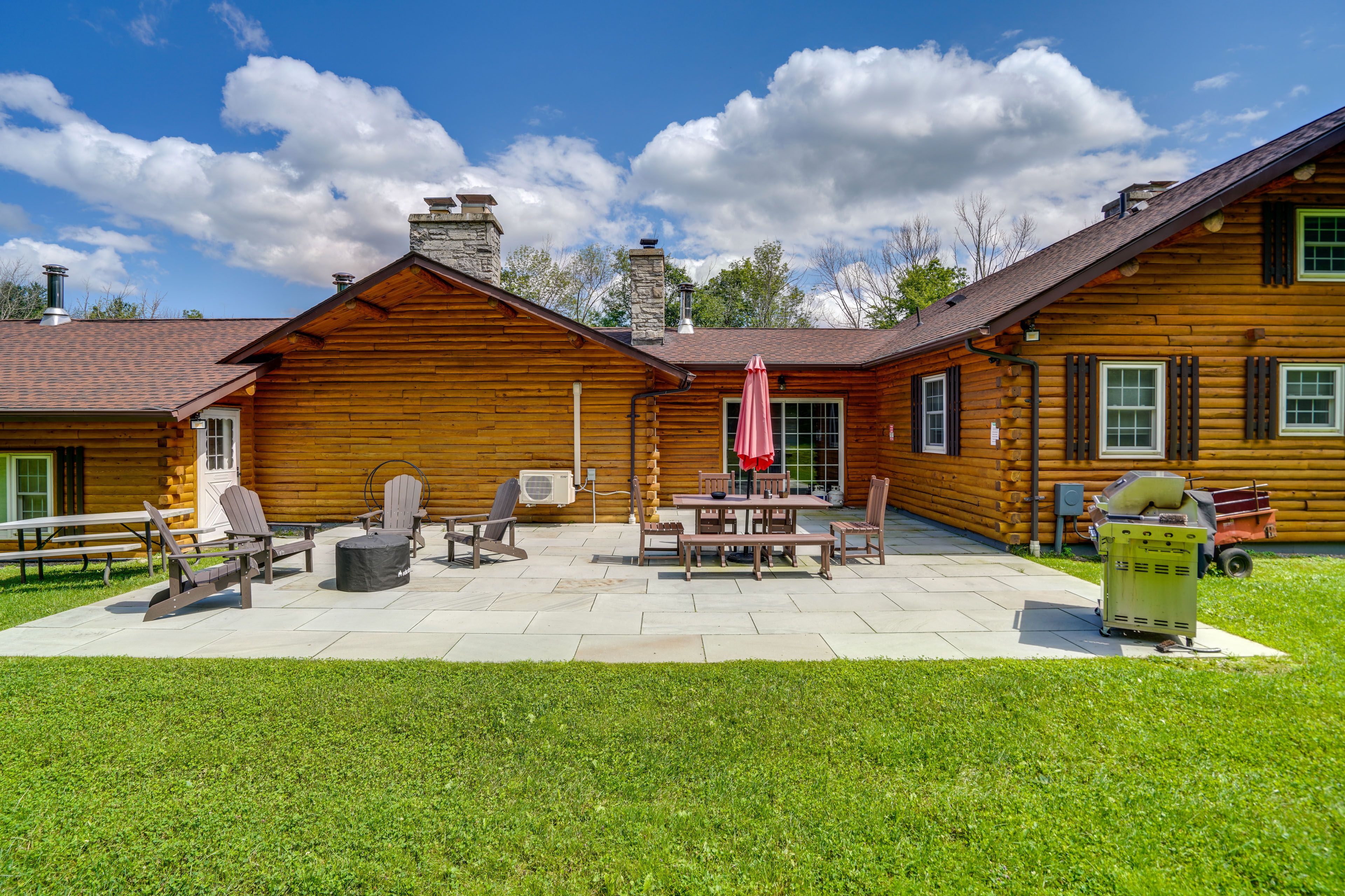 Patio | 3-Story Cabin | Gas Grill | Fire Pit | Private Pond