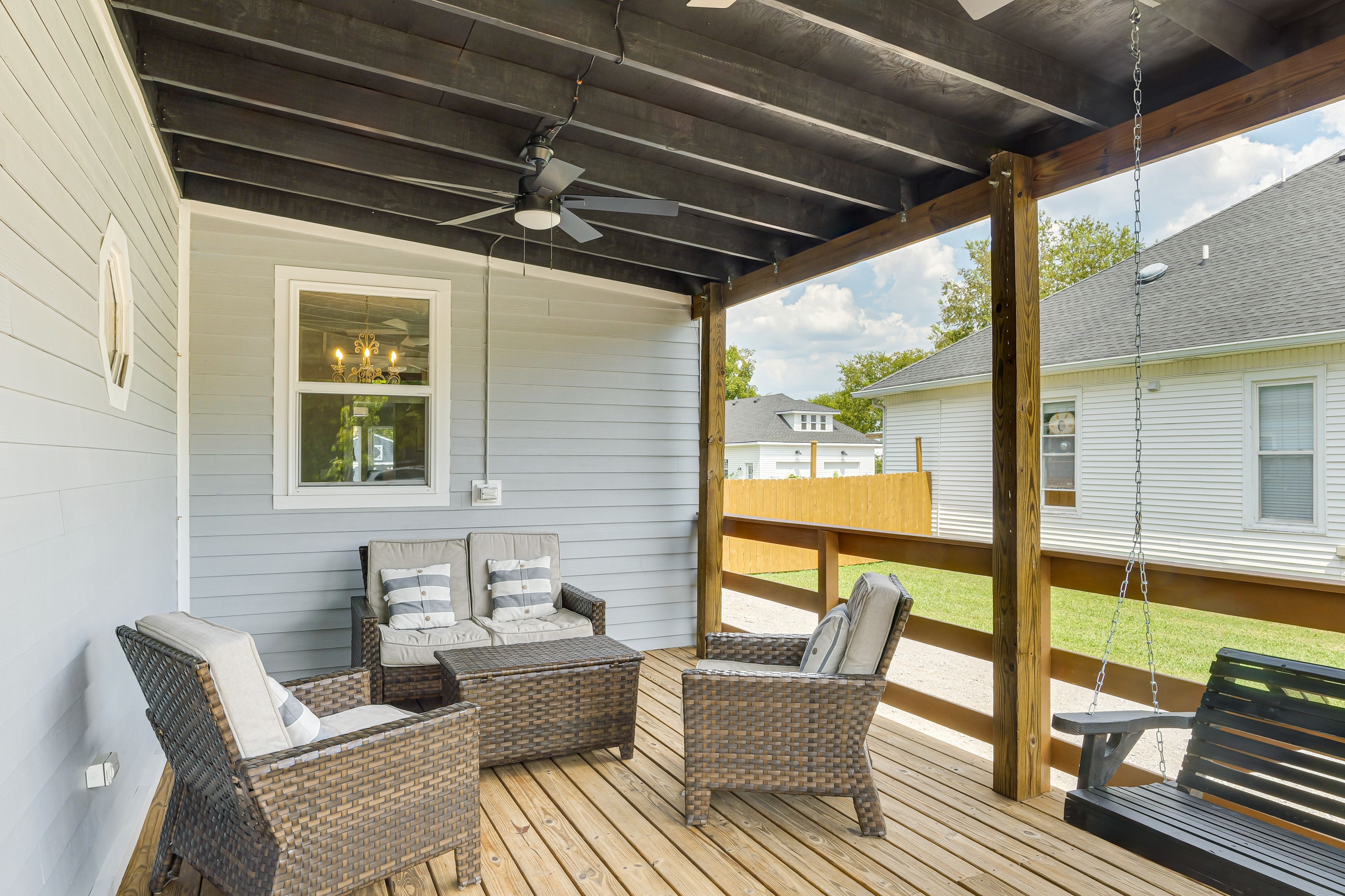 Covered Porch | Outdoor Seating & Dining | 2 Ceiling Fans