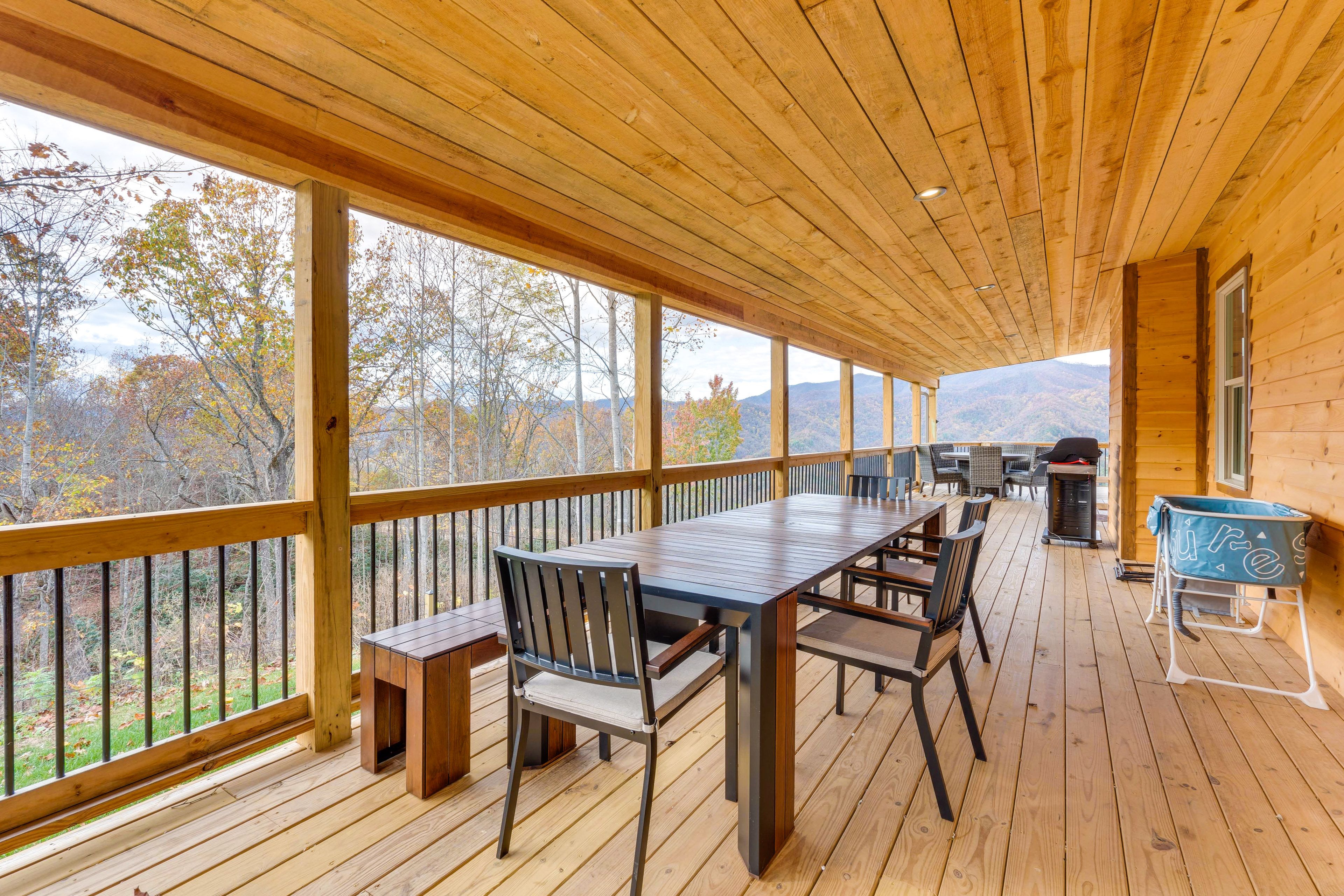 Wraparound Deck | Outdoor Dining Areas | Gas Grill | Cornhole | Mountain Views