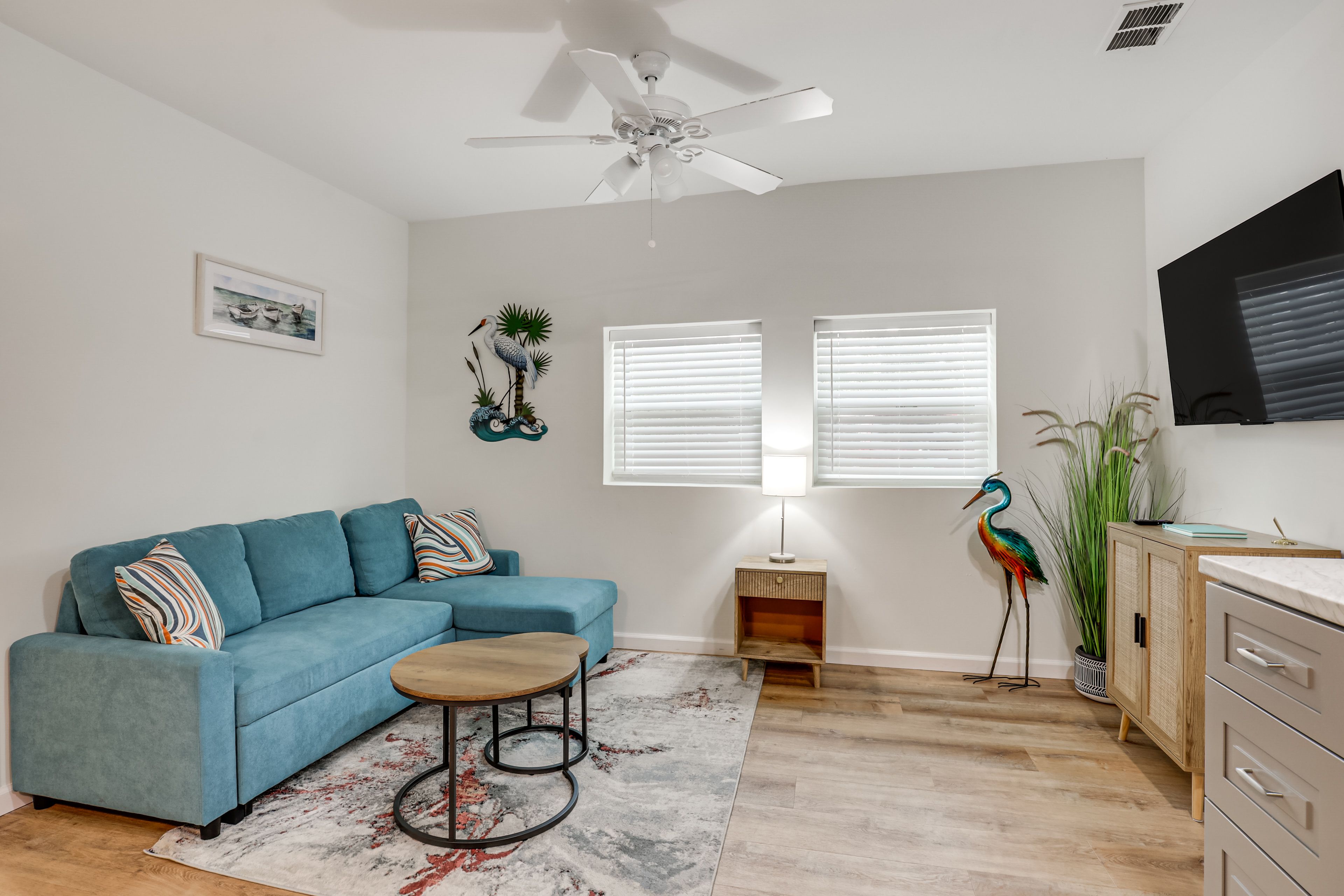 Living Room | Single-Story Guest House | Central A/C & Heating