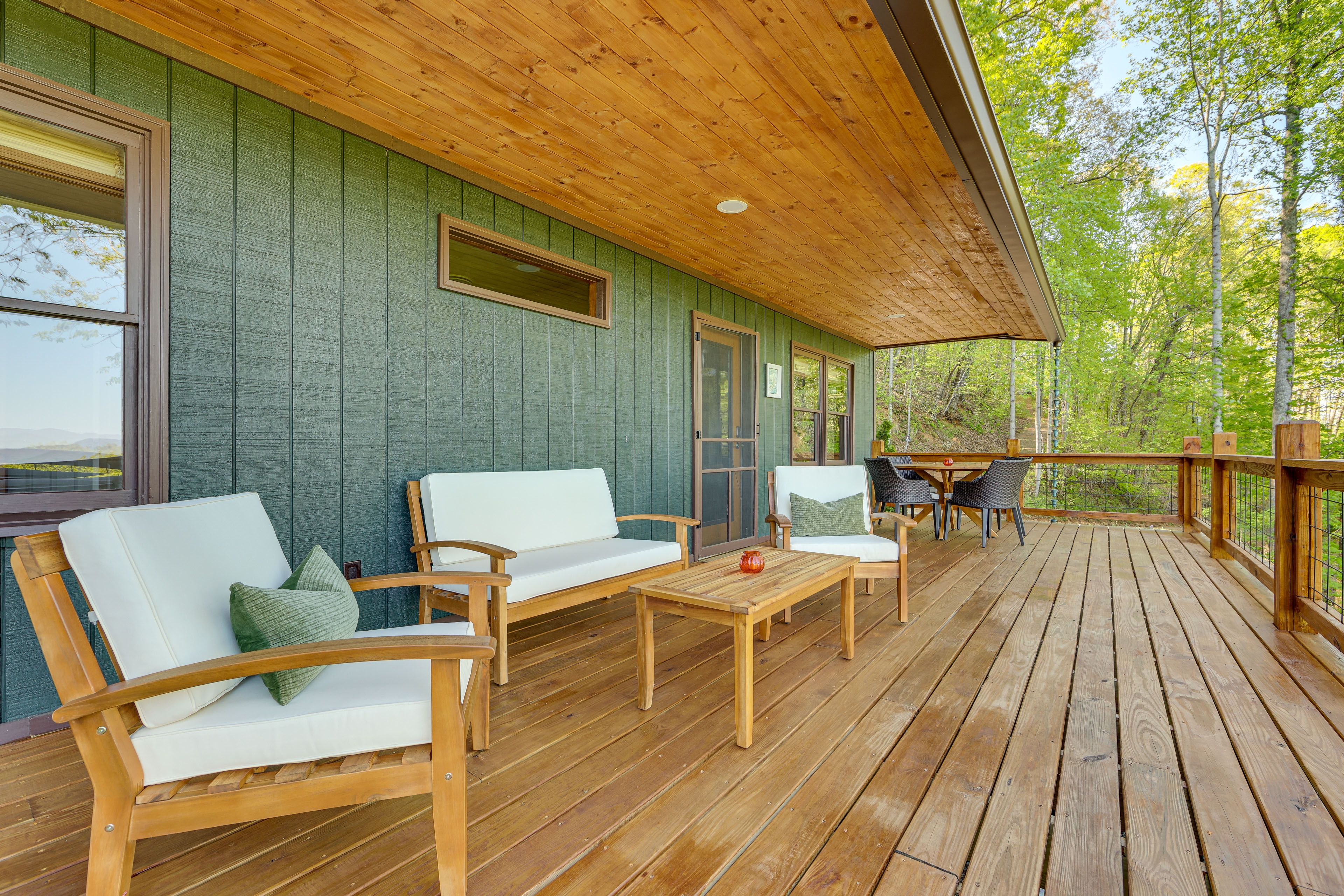Deck | Outdoor Seating | Mountain Views | Private Sauna On-Site