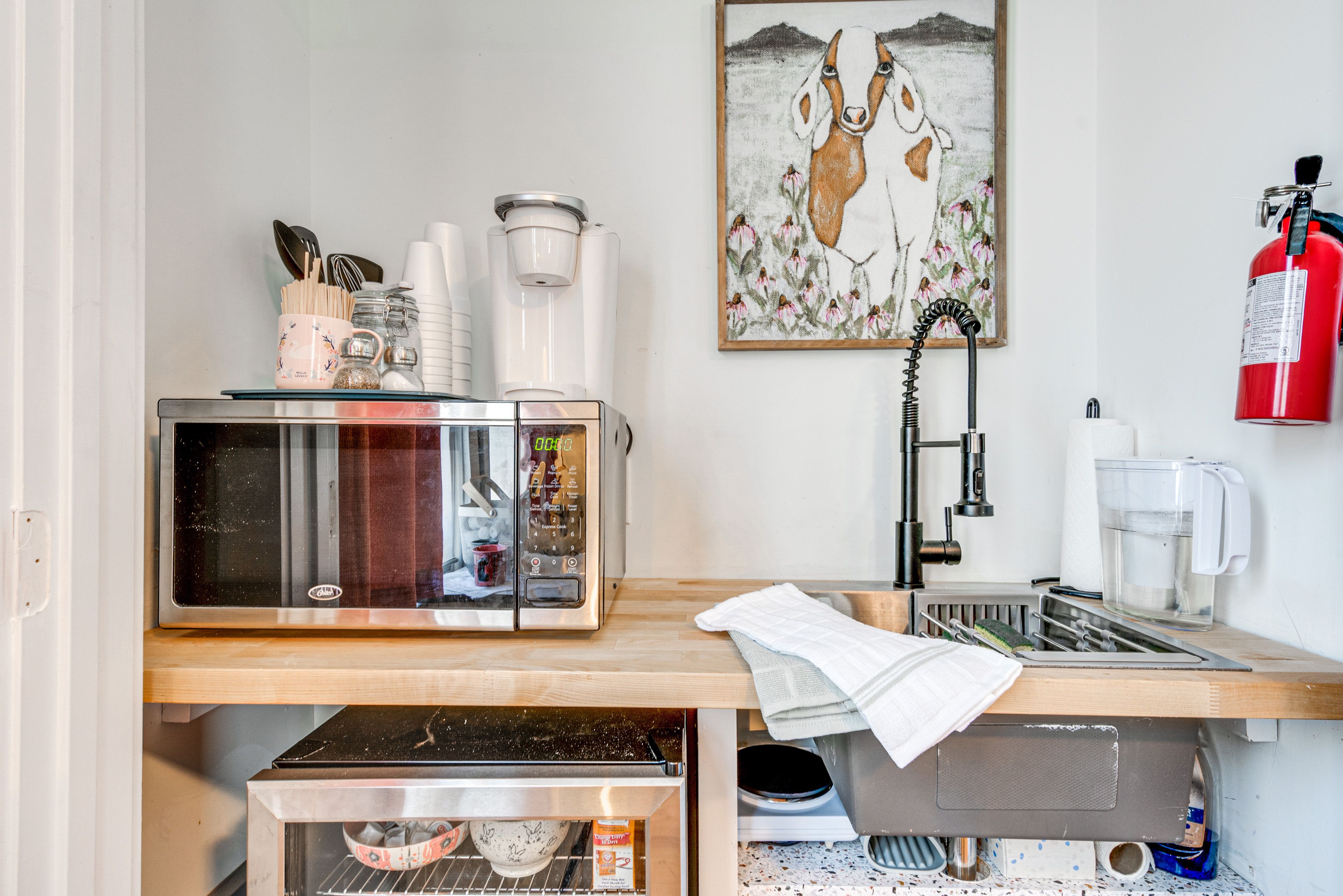 Kitchenette | Keurig Coffee Maker | Hot Plate | Water Filter | Cooking Basics