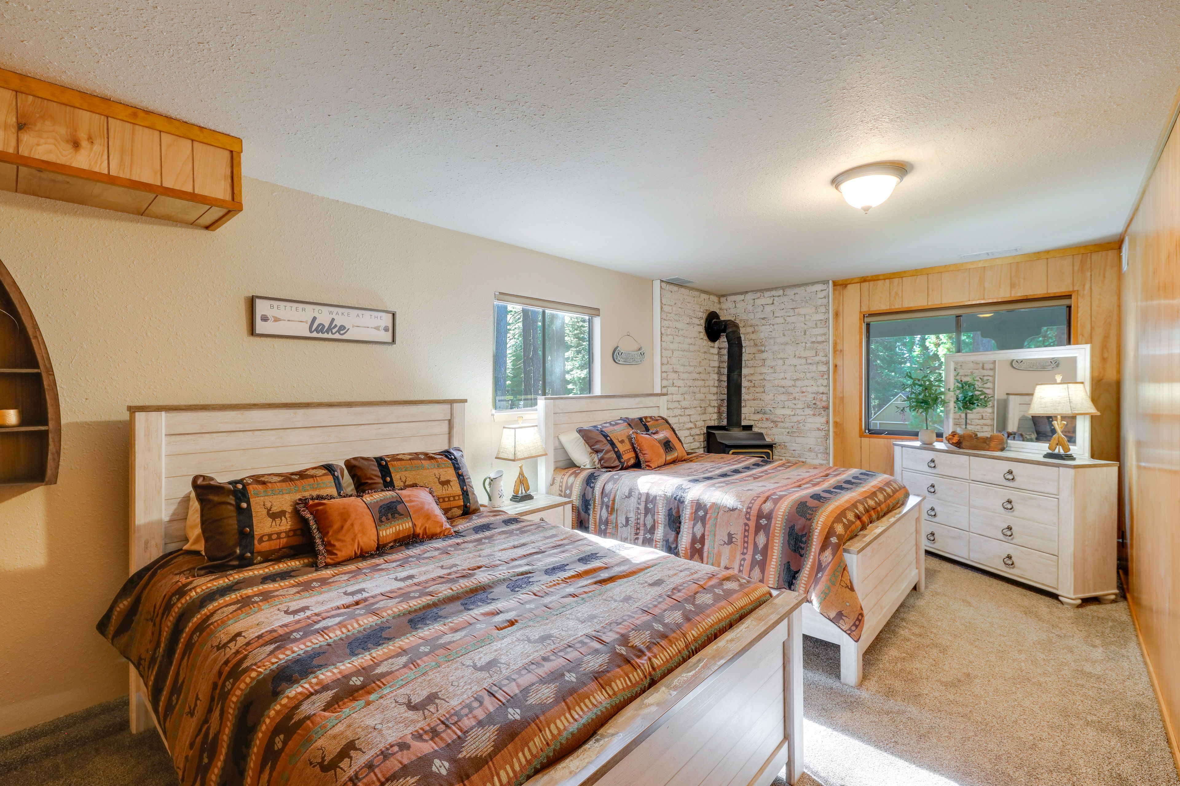 Bedroom 3 | Lower Level | 2 Queen Beds | Wood-Burning Stove