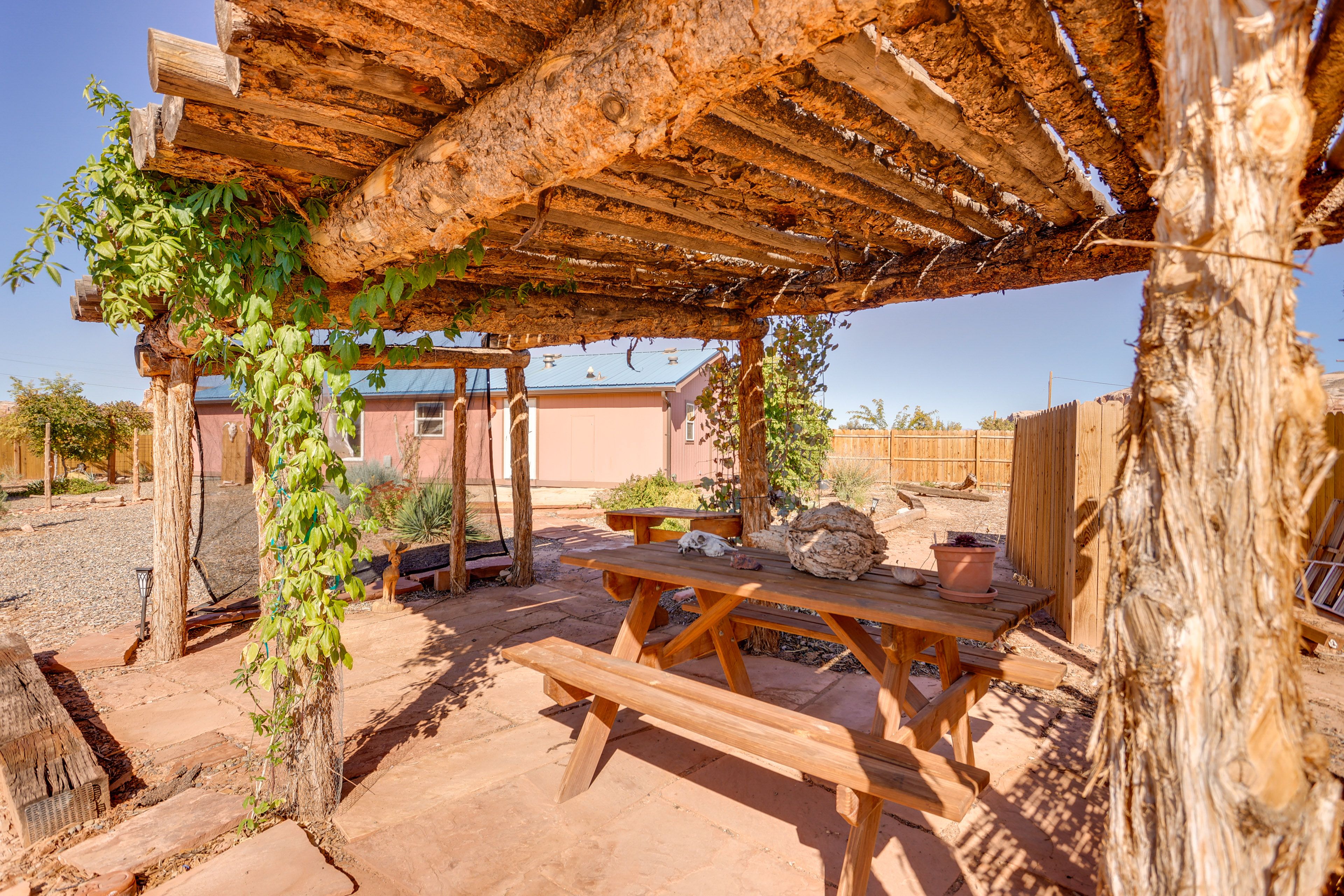 Fenced Backyard | Bluff Views | Southwestern Landscaping | Gazebo w/ Dining Area
