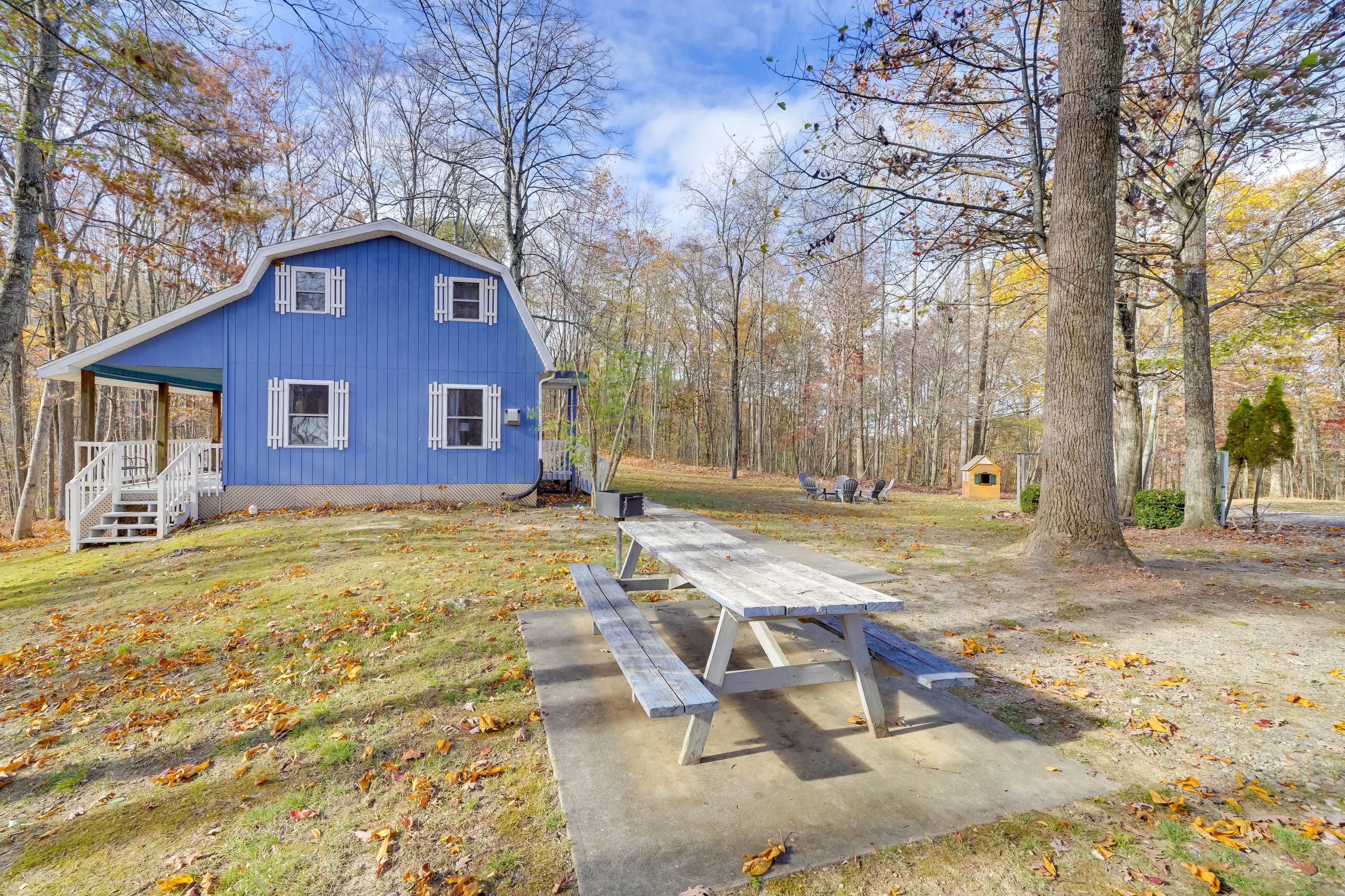 Property Exterior | Private Picnic Table & Fire Pit