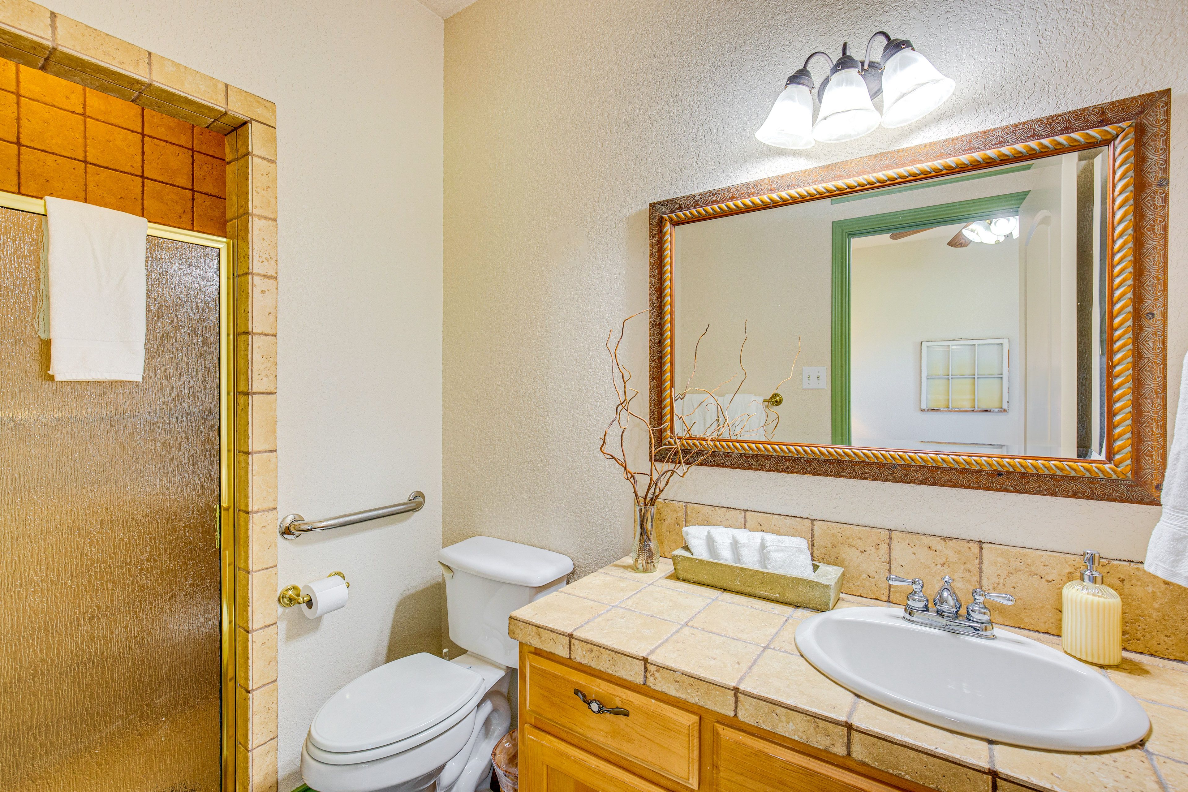 En-Suite Bathroom | 1st Floor | Towels Provided | Shower w/ Grab Rail