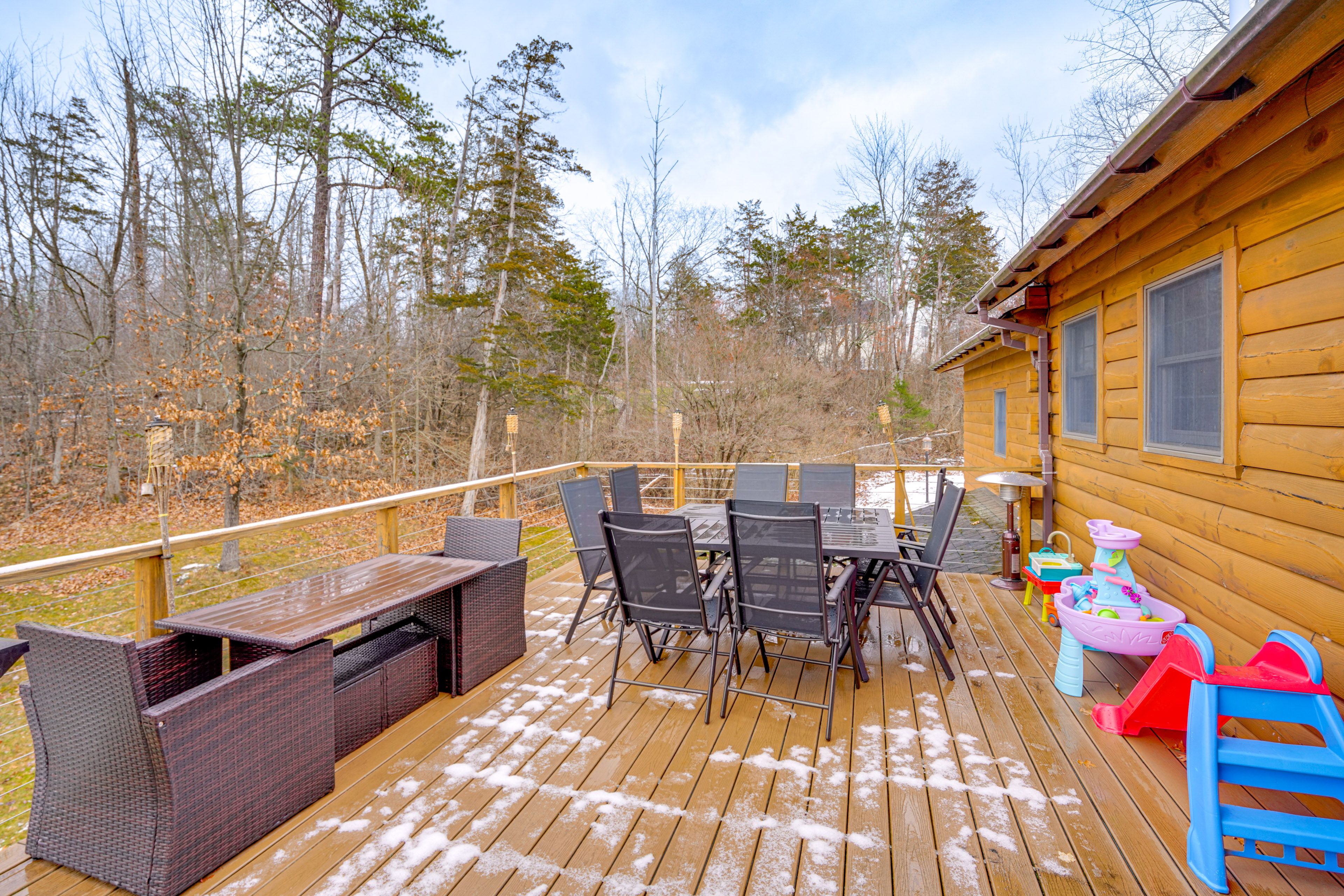 Cabin Exterior | Furnished Deck | Dining Area | Gas & Pellet Grills