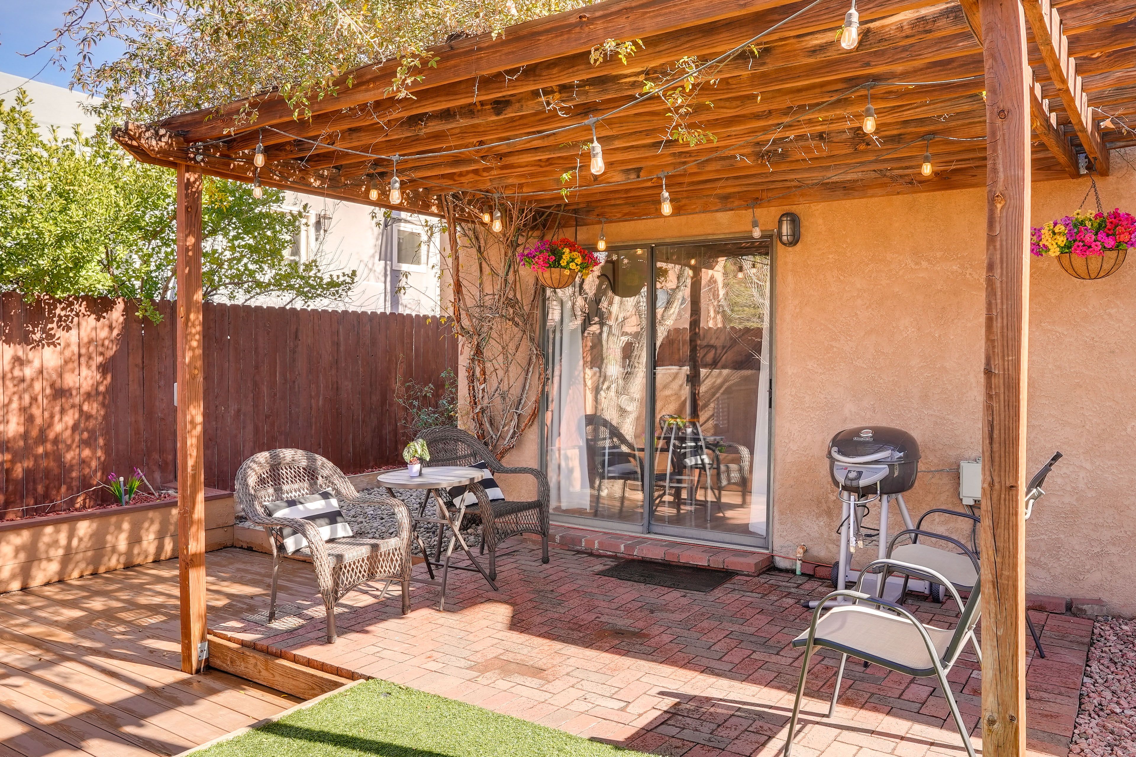 Fenced Yard | Patio w/ Pergola & String Lights | Deck | Charcoal Grill