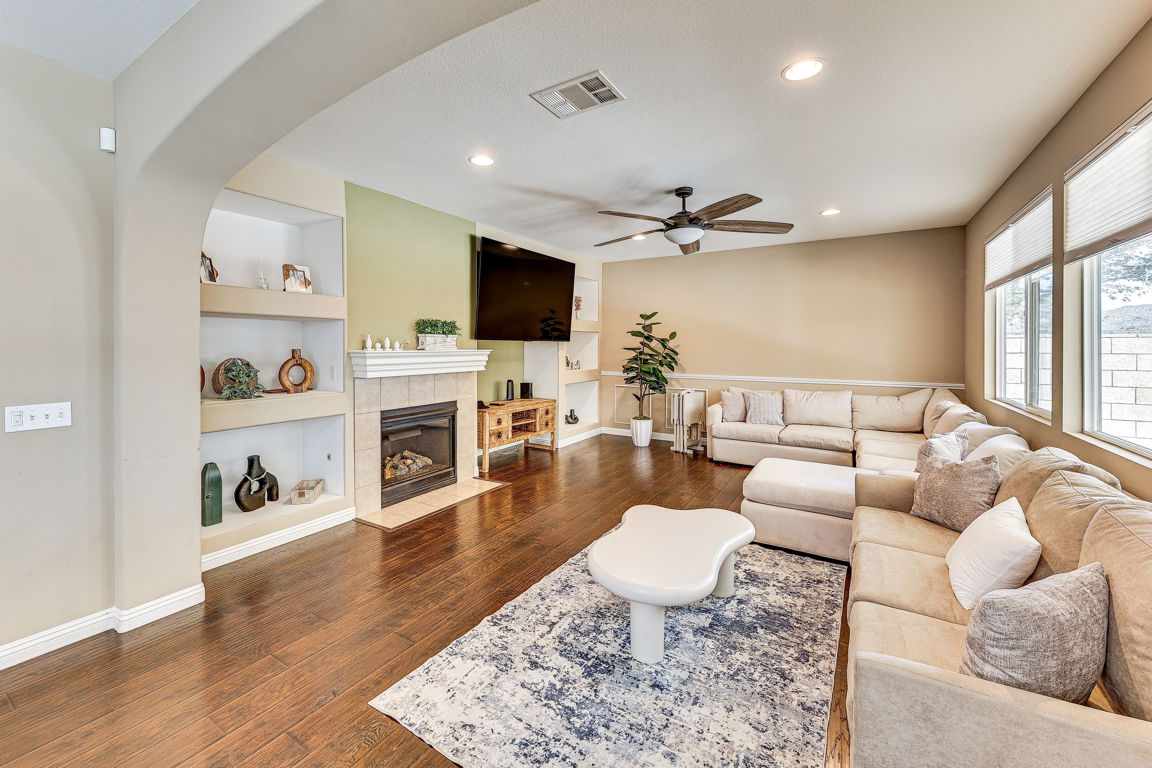 Living Room | Electric Fireplace | Flat-Screen TV | Workspace w/ Monitor