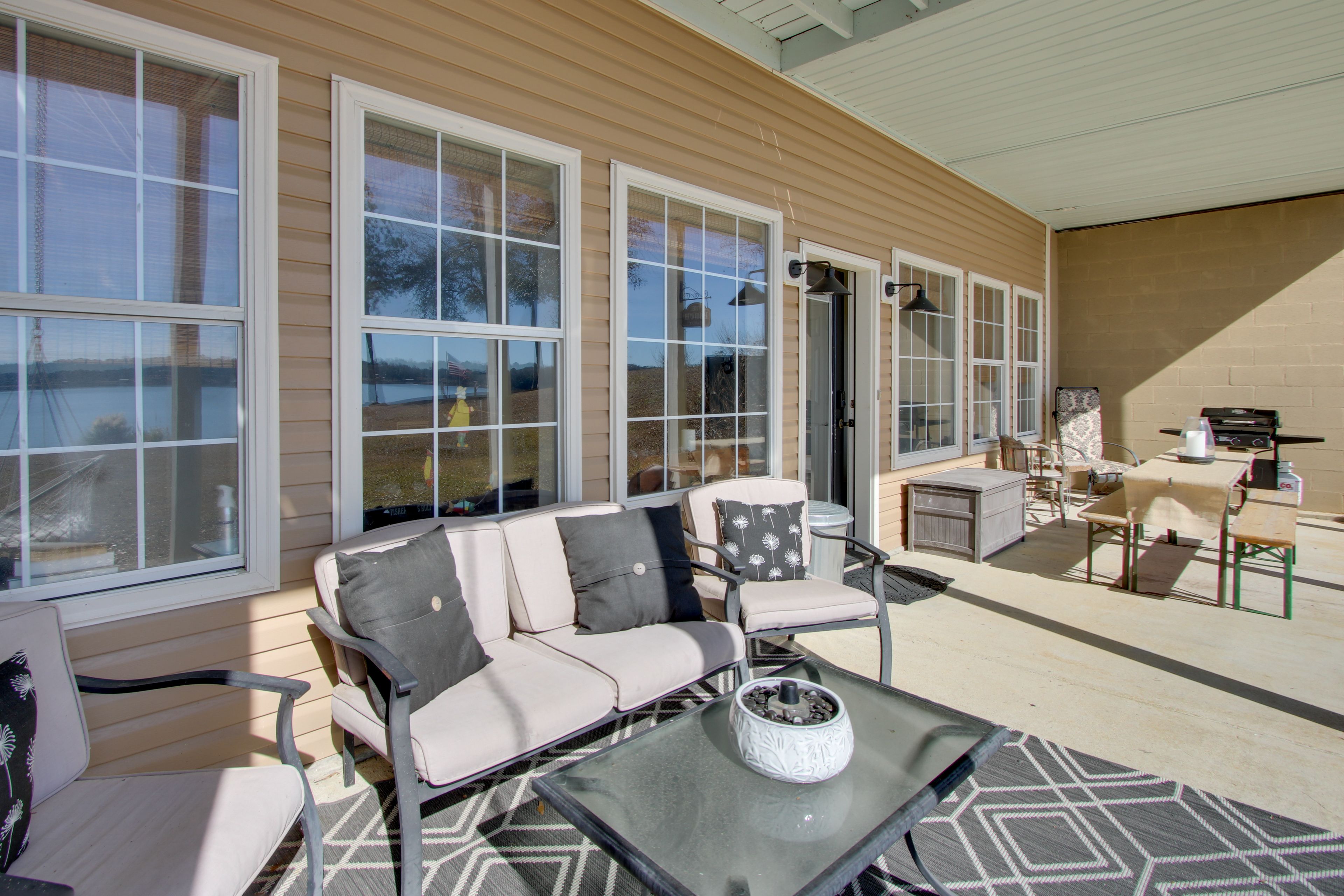 Covered Patio | Gas Grill (Propane Provided) | Dining Table | Lake Views