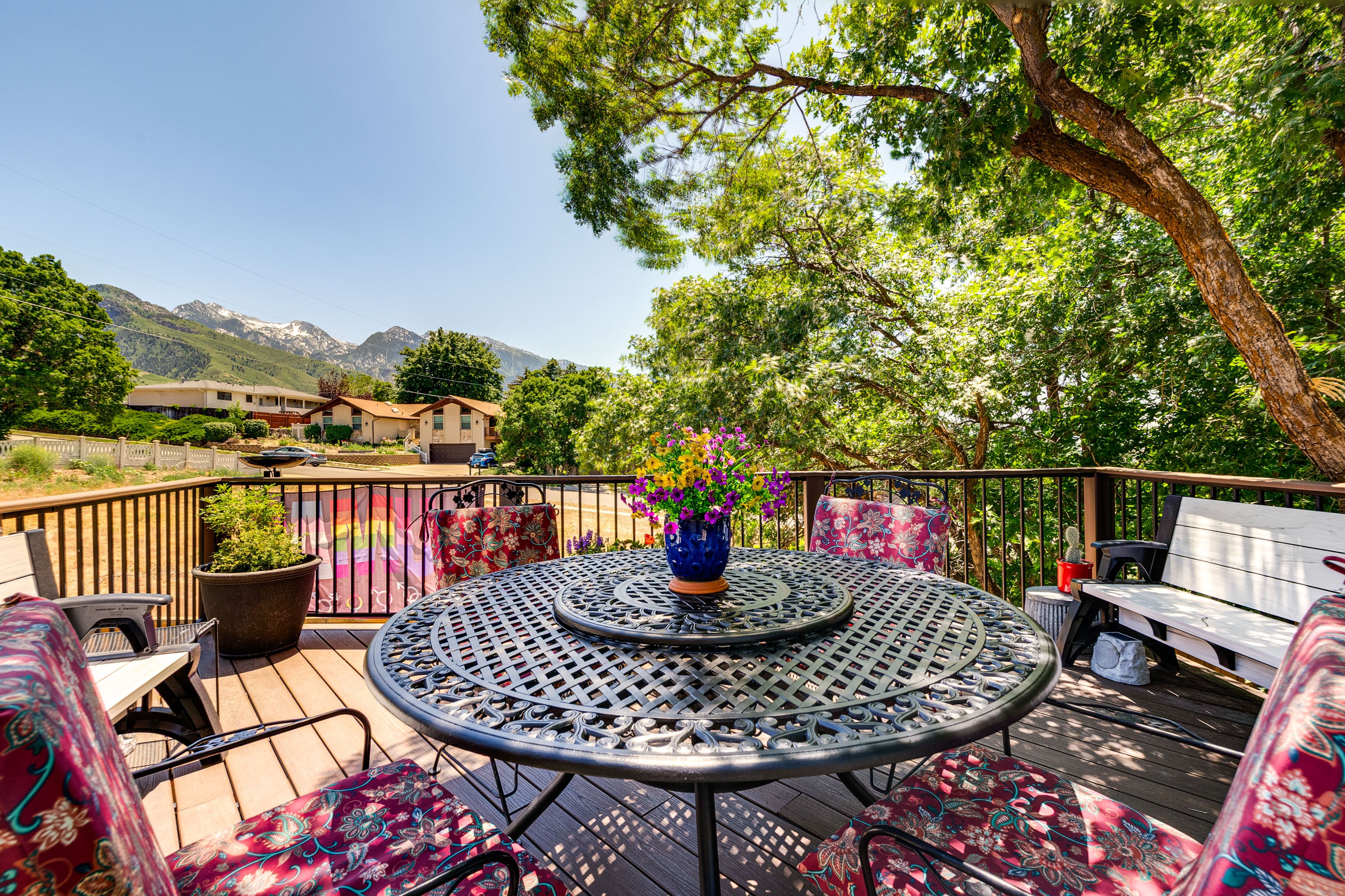 Shared Deck | Outdoor Dining Area | Mountain Views