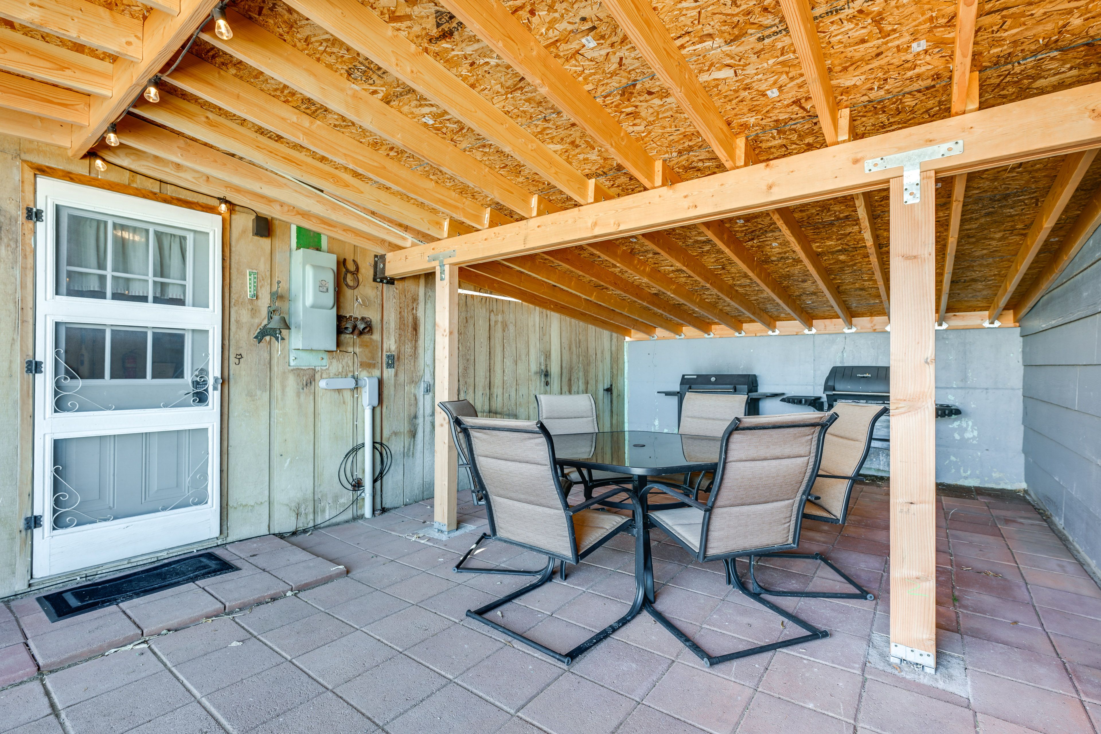 Covered Patio | Charcoal Grill | Main Entry