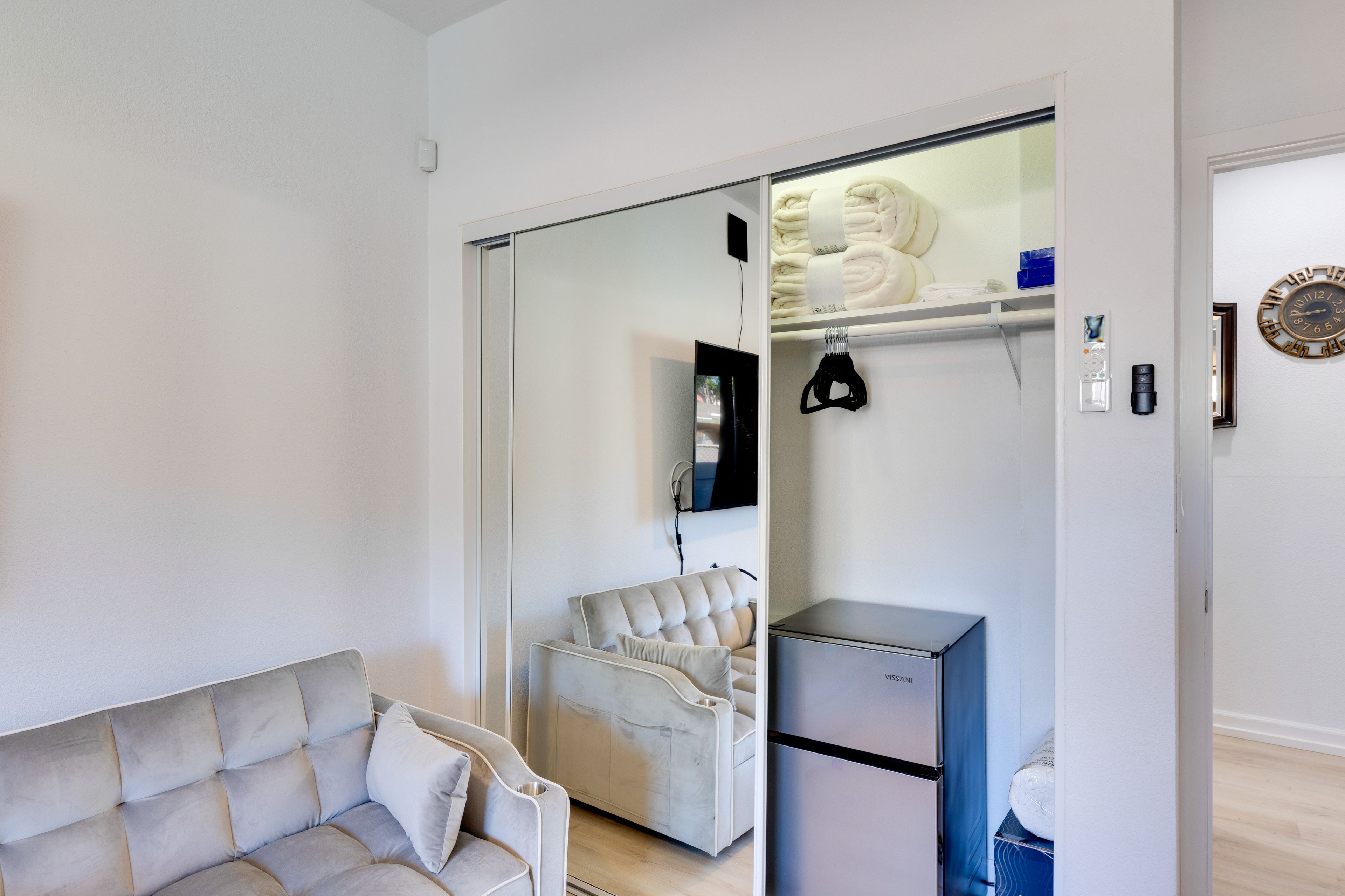 Storage Closet | Folding Dining Table | Mini Fridge | Iron & Board | Hangers