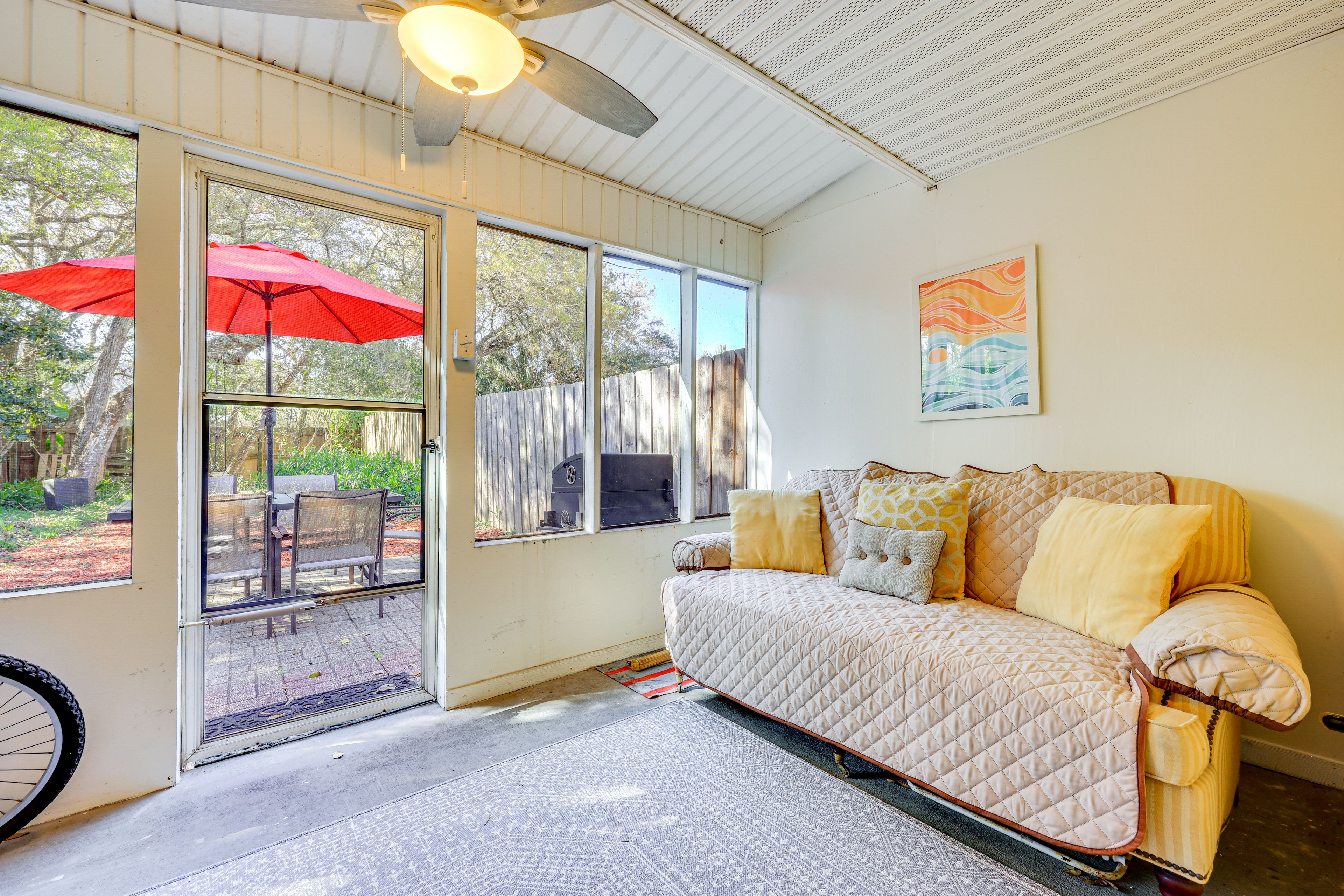 Screened-In Lanai | Beach Toys & Umbrella | Bicycle