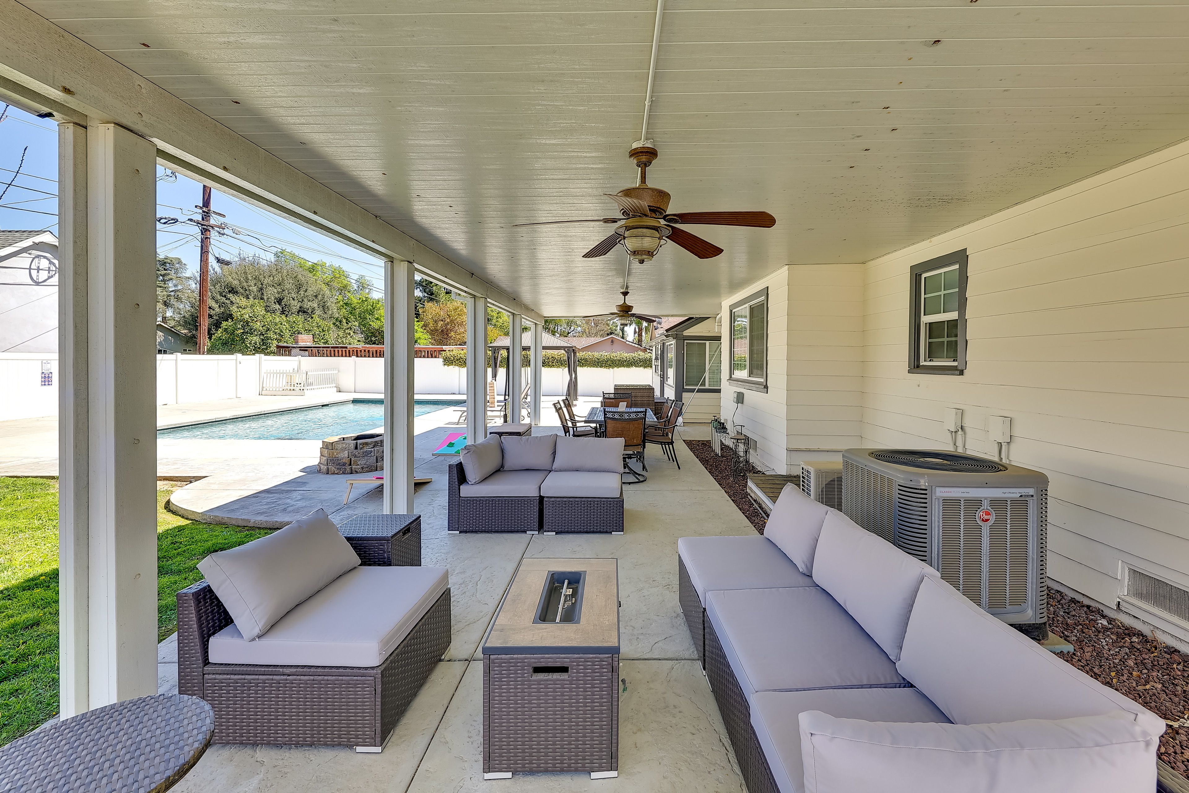 Patio | Seating | Gas Fire Pit | Dining Areas | Cornhole