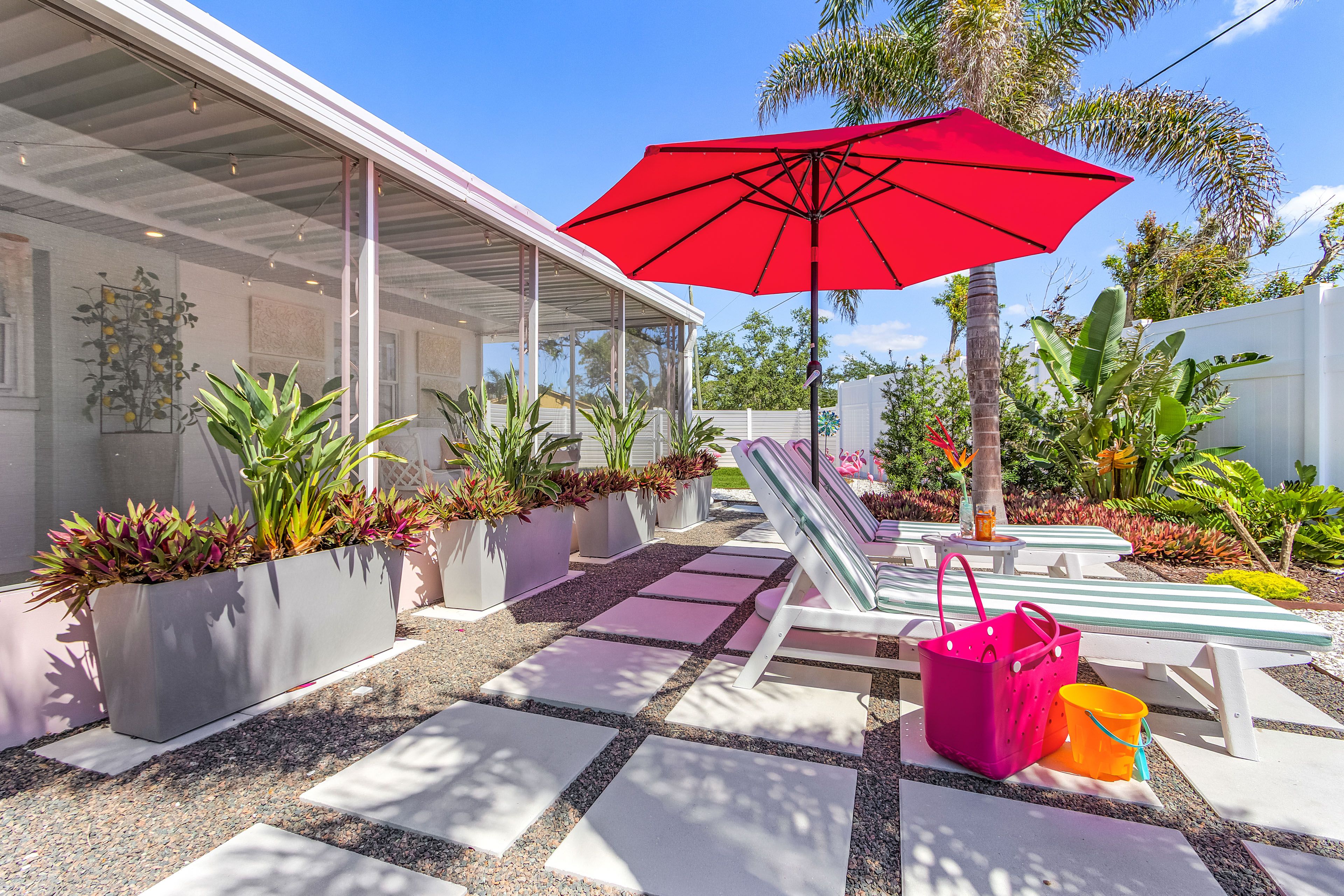 Backyard Beach Retreat | Gas Fire Pit | Adirondack Chairs | Sand Beach & Garden