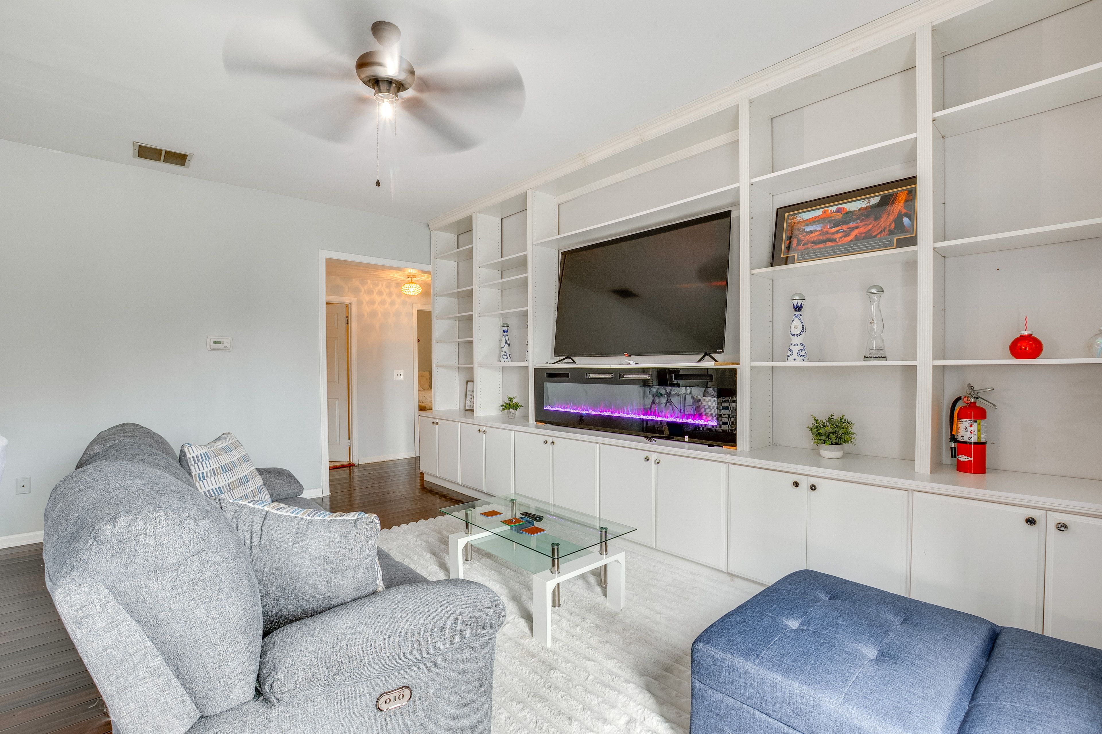 Living Room | Electric Fireplace | Central A/C | Free WiFi
