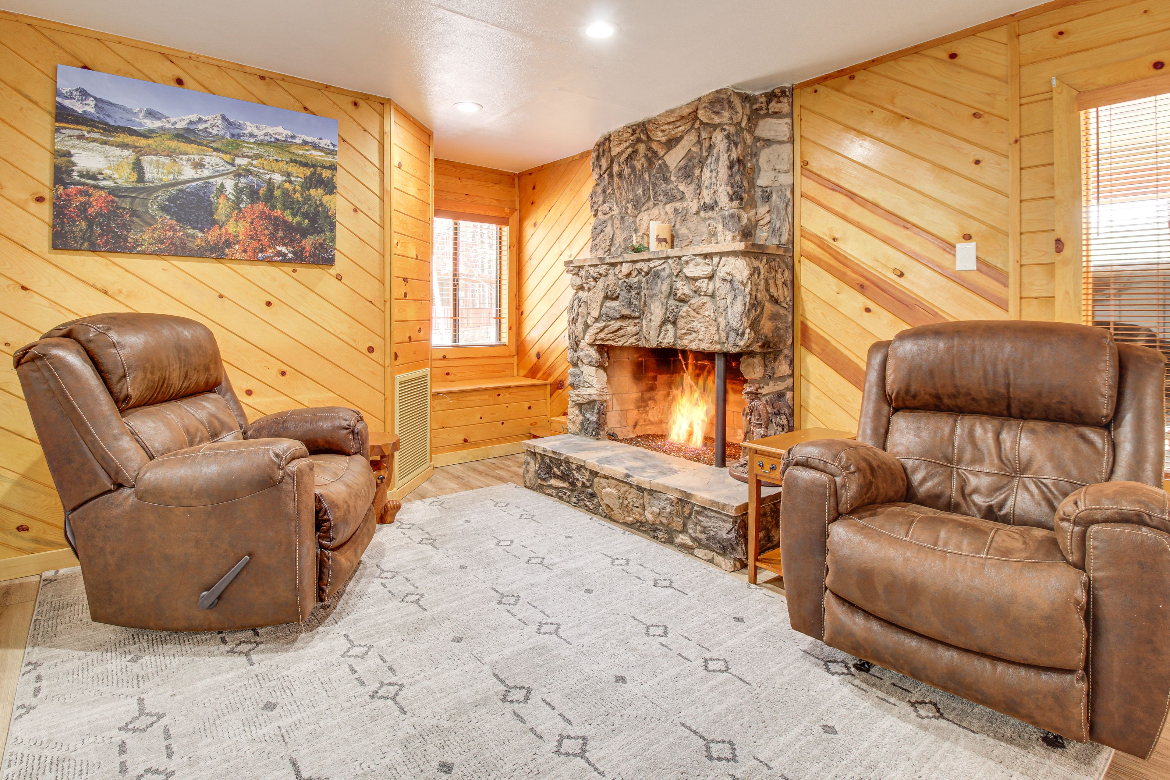 Living Room | 2-Story Cabin | Fireplace | Radiant Floor Heating