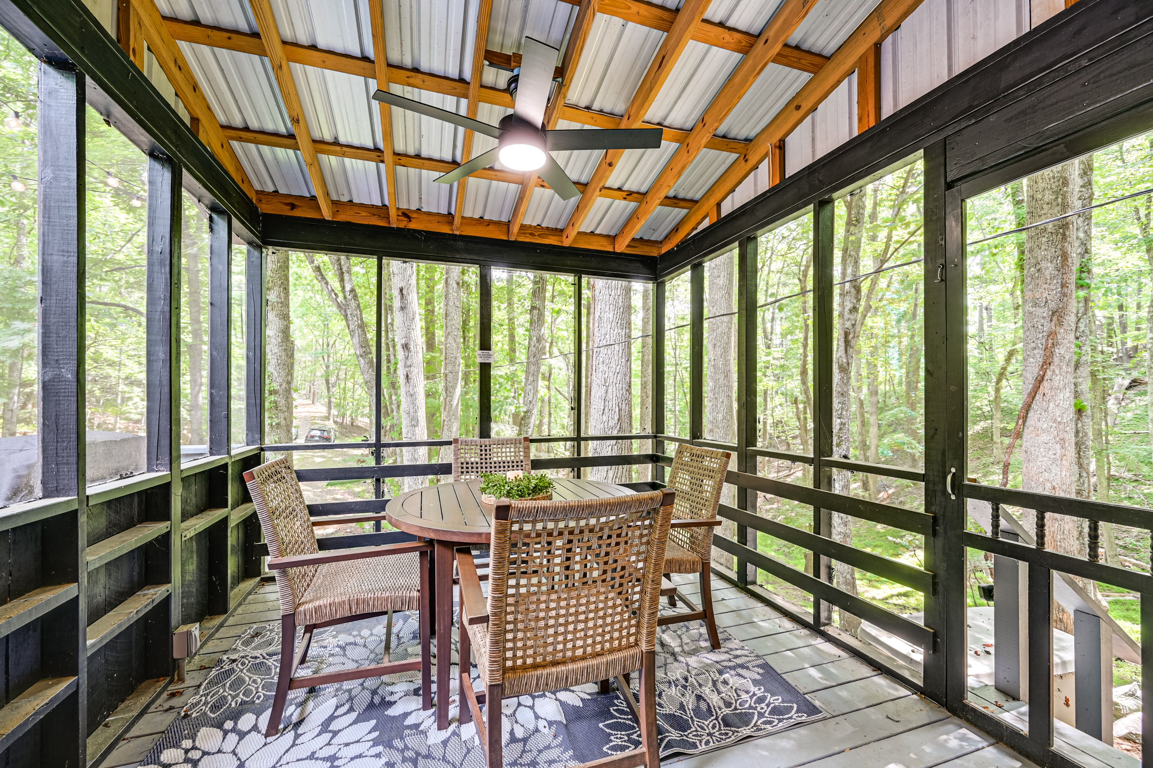 Screened Porch | Dining Area w/ Forested Views