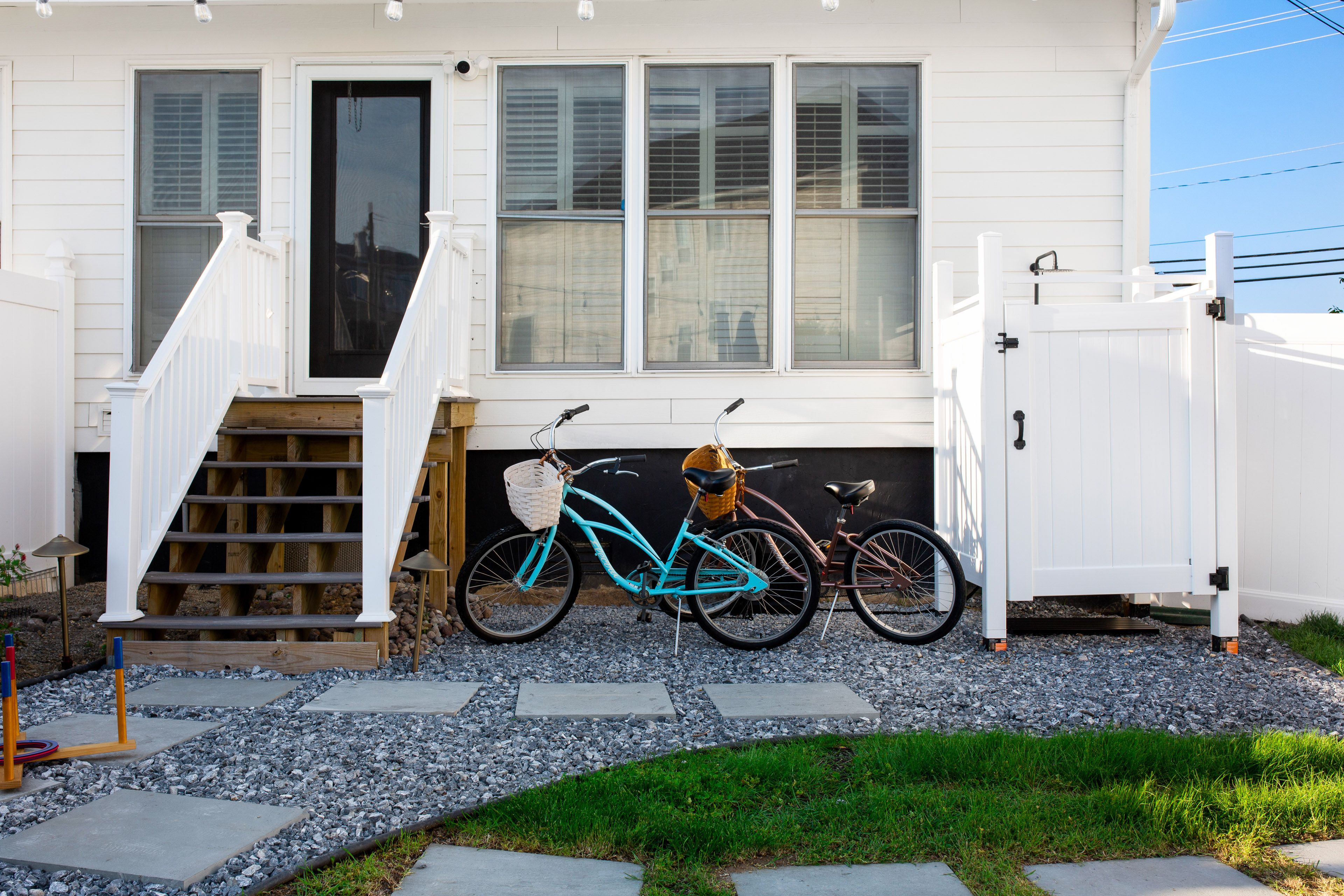 Rinse off in an enclosed outdoor shower and ride complimentary beach cruisers