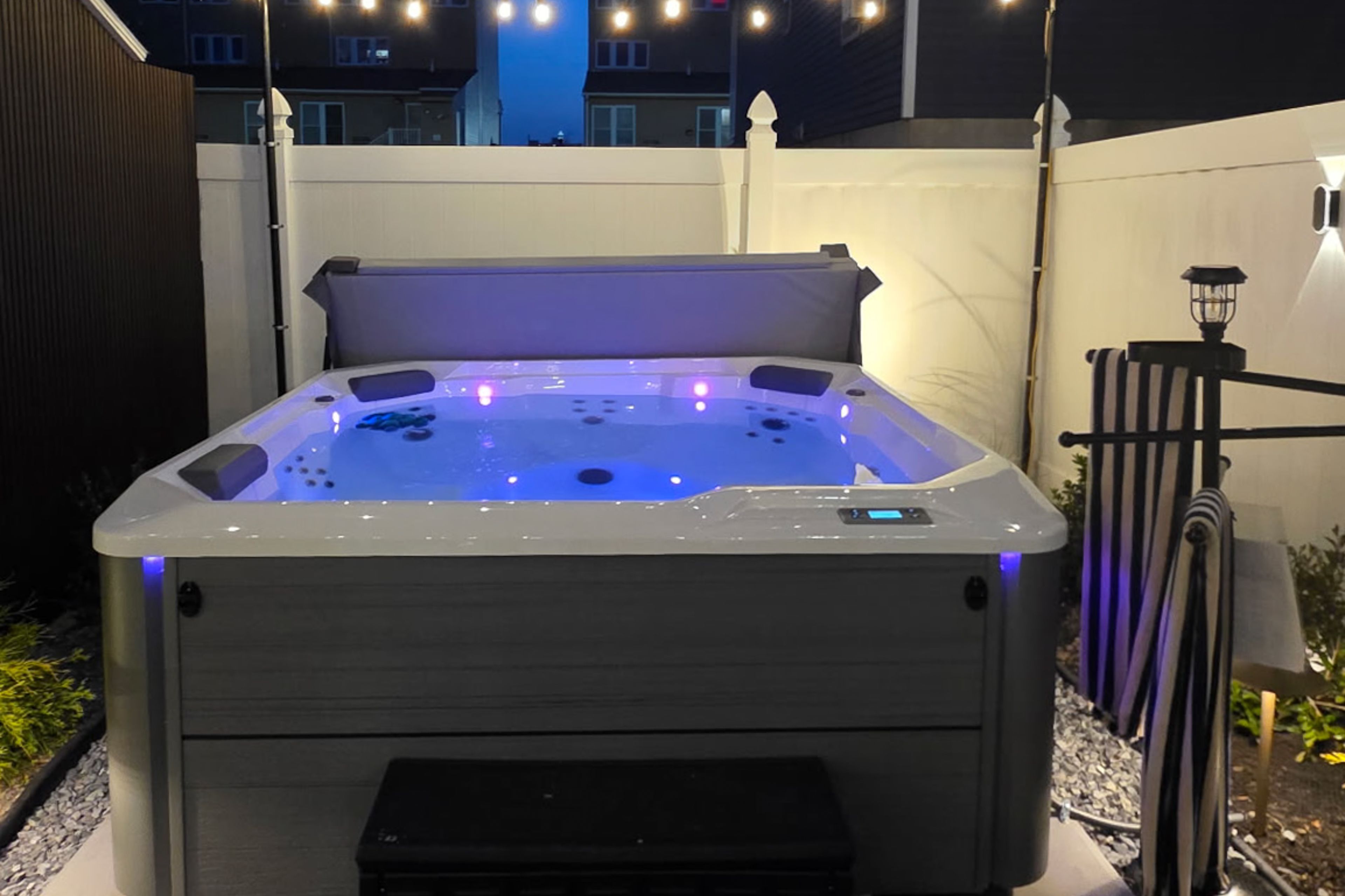 Unwind after a long day in our brand-new, illuminated luxury hot tub