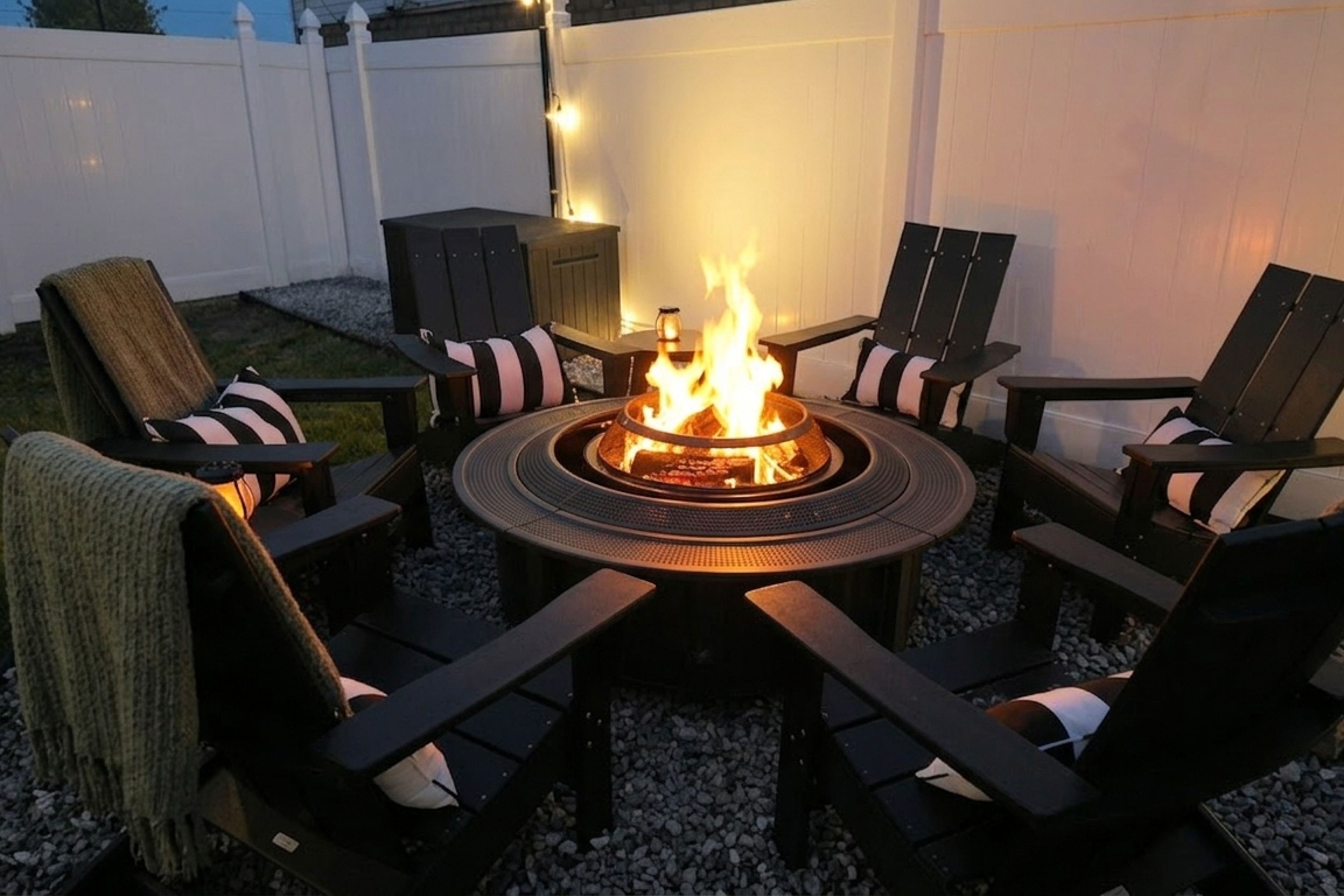 Gather around the warm glow of the fire with cozy throws and Adirondack seating