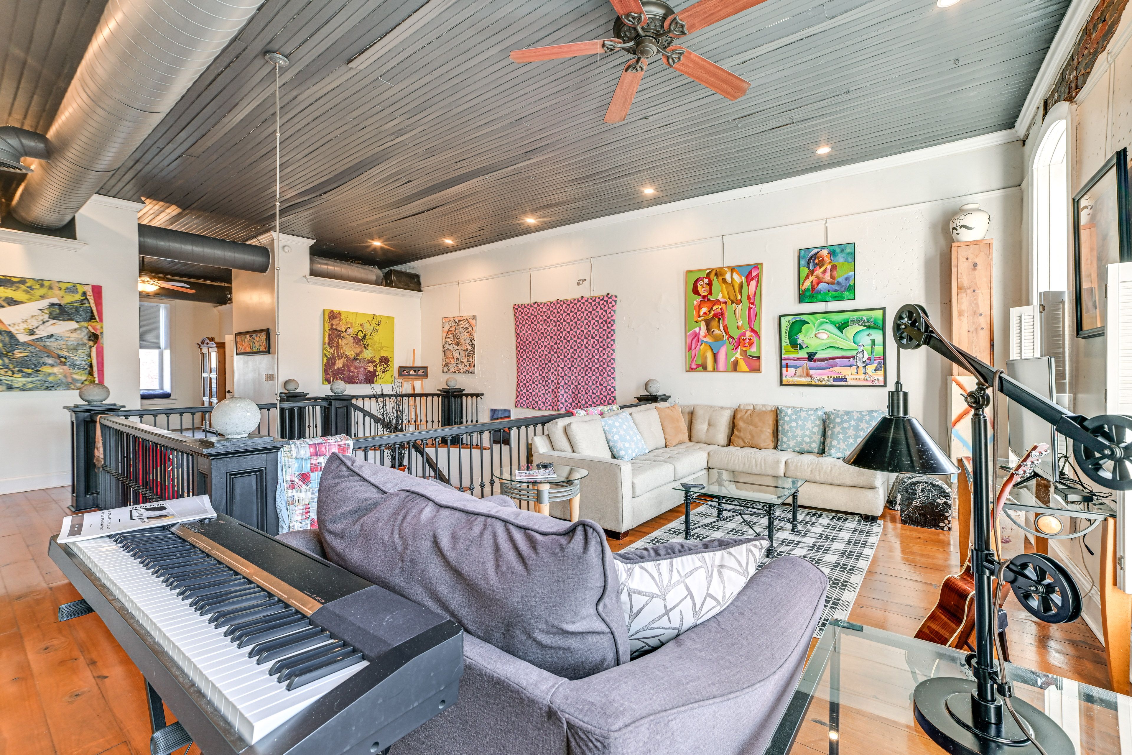 Lofted Living Room | 2-Story Condo | 1,800 Sq Ft | Guitar & Keyboard