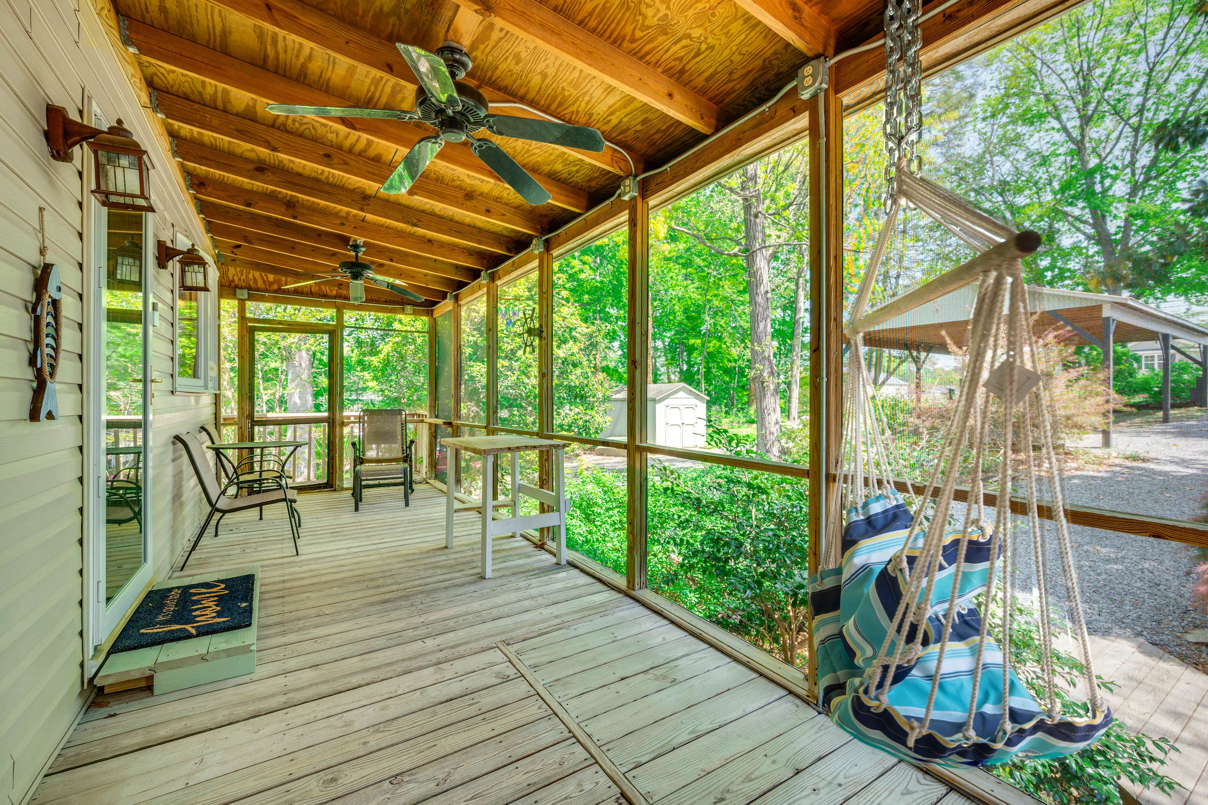 Screened Front Porch | Hammock Chair | Dining Area