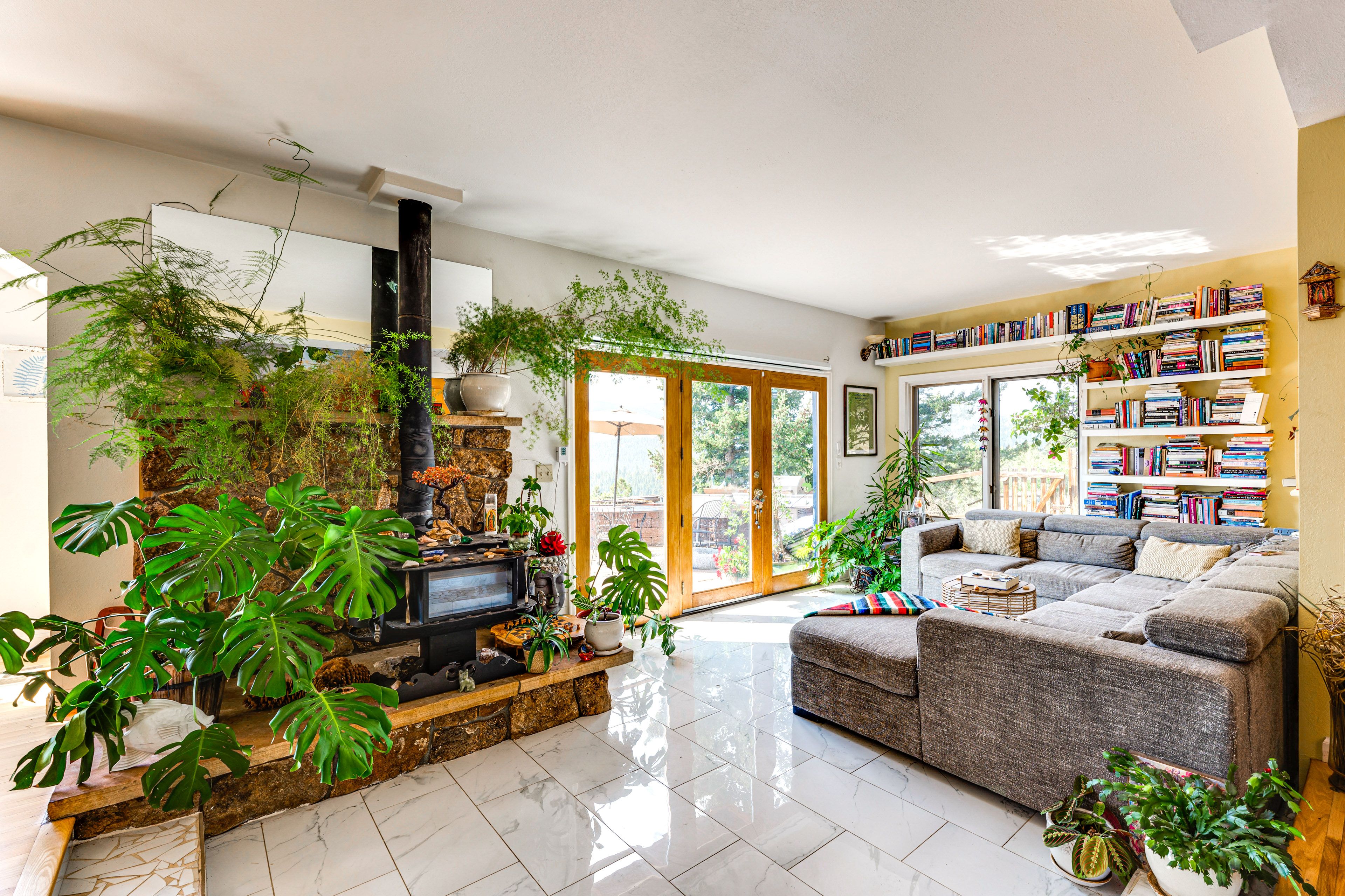 Living Room | 2-Story Home | Sleeper Sofa | Wood-Burning Stove | Books