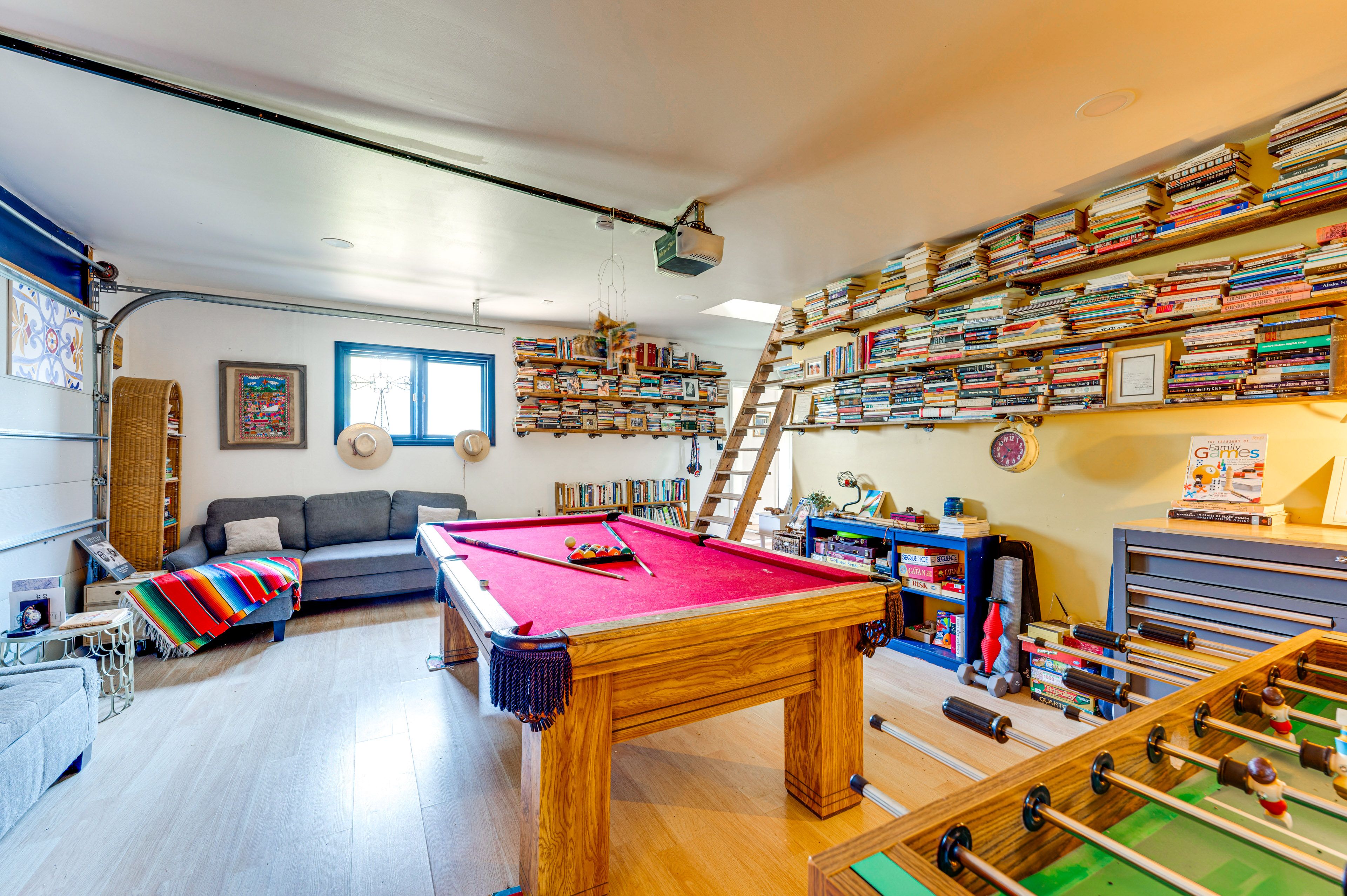 Garage Game Room | Pool Table | Foosball Table | Books | Desk Workspace