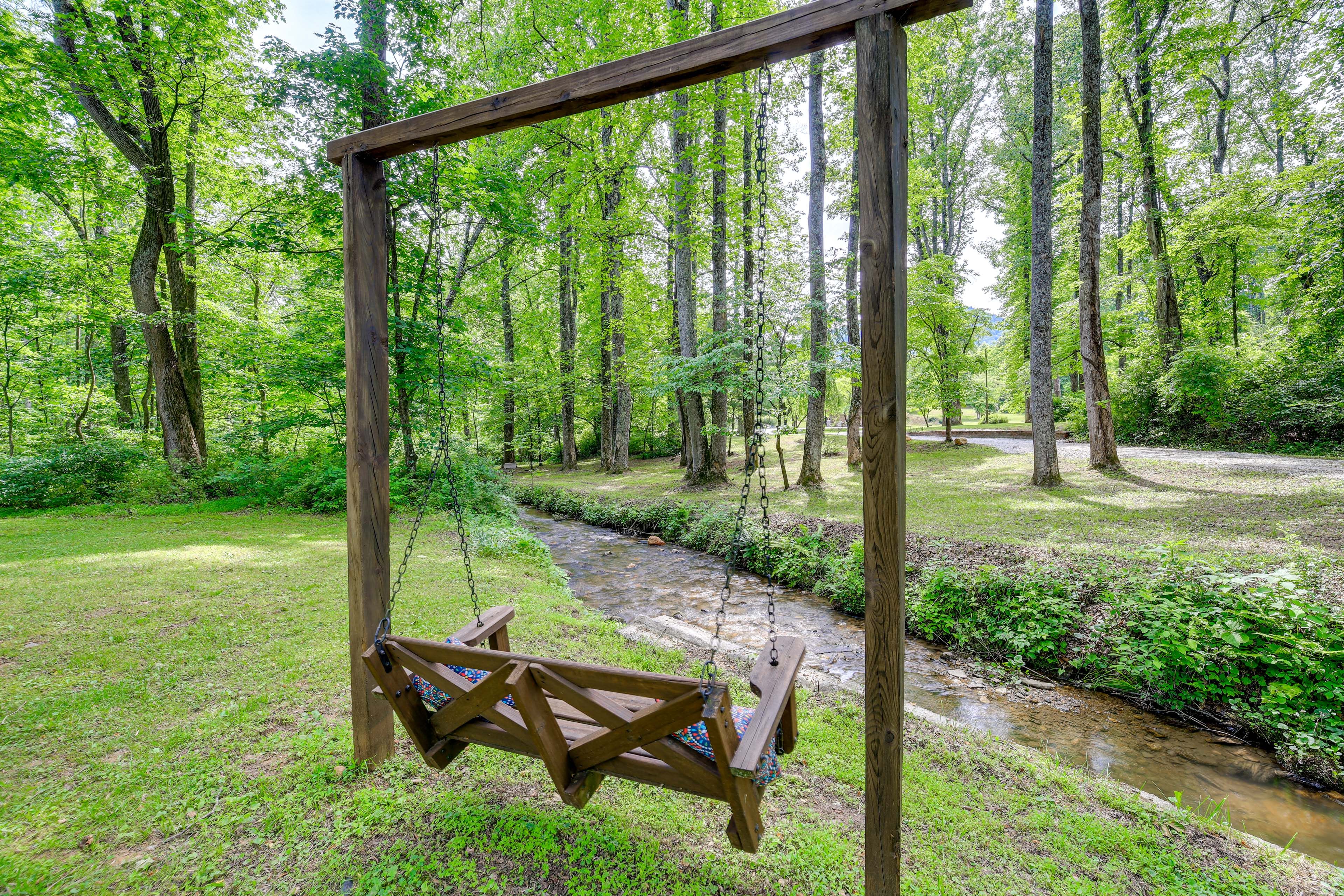 Creek & Mountain Views | Fire Pit | Grill | 2-Story Home