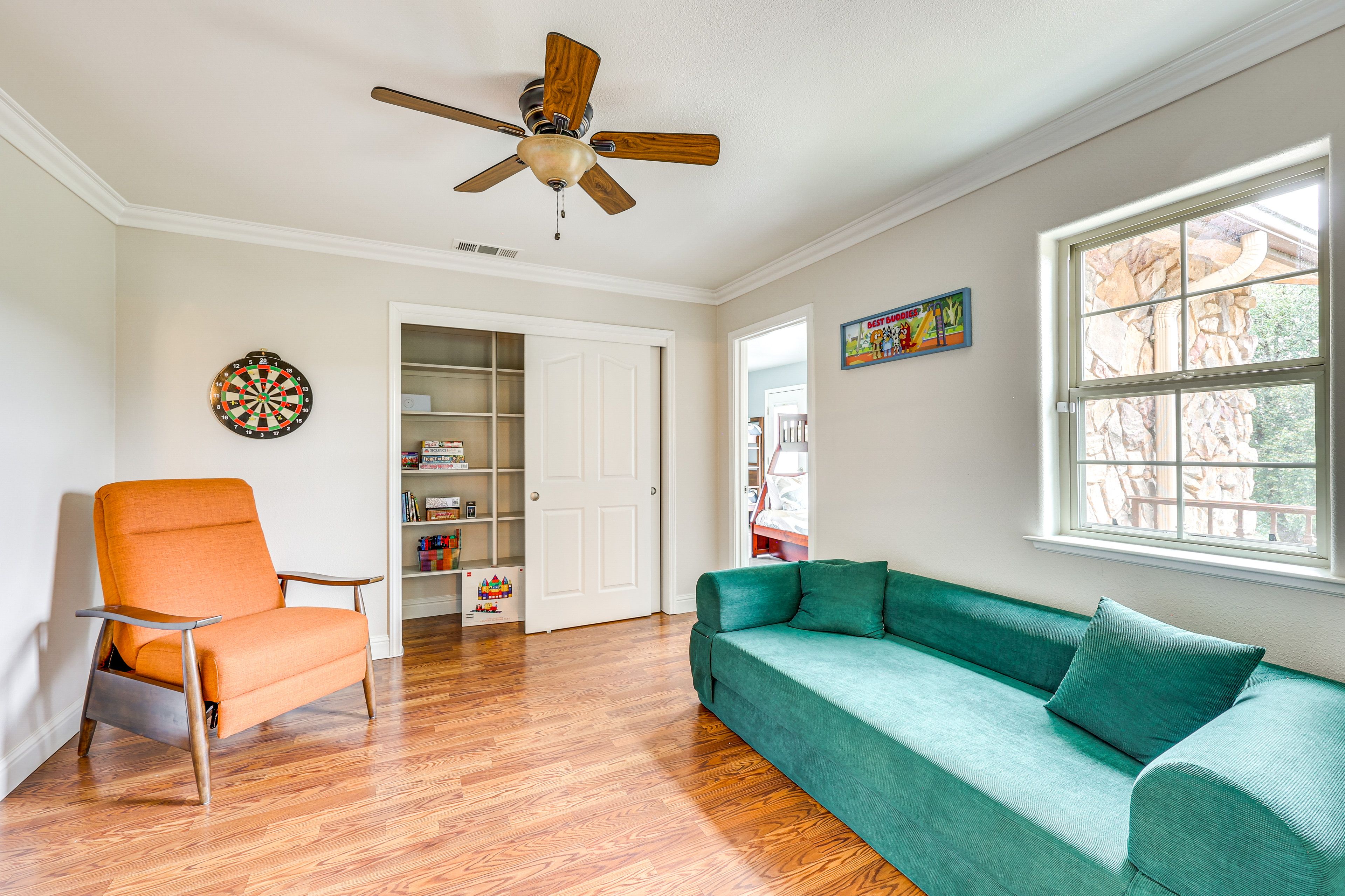 Den | 2nd Floor | Full Sleeper Sofa | Dartboard | Board Games