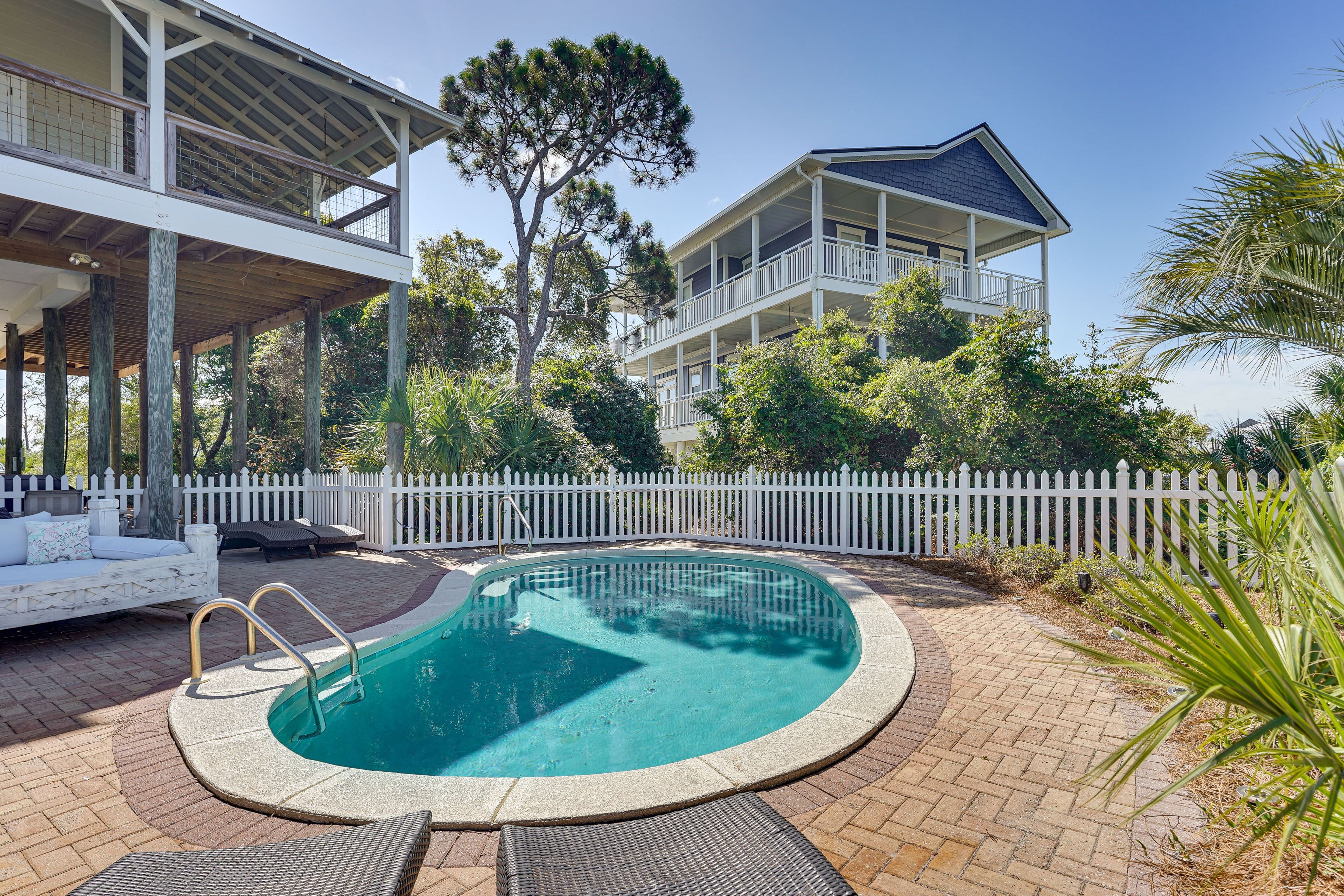 Backyard | Private Outdoor Pool (Not Heated) | 3-Story Stilted Home