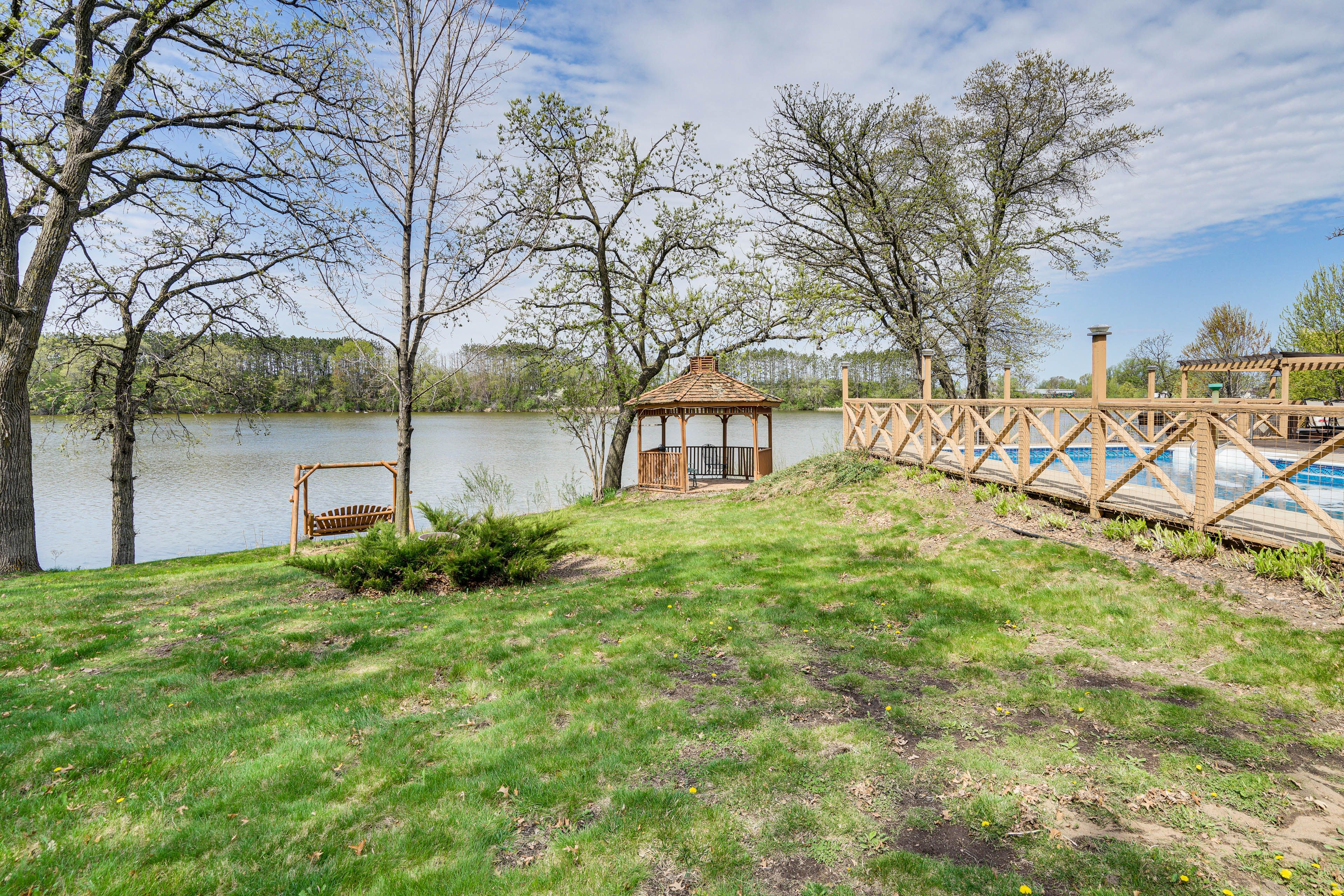 House Exterior | Gazebo | Lake Views & Access | No Fish On-Site