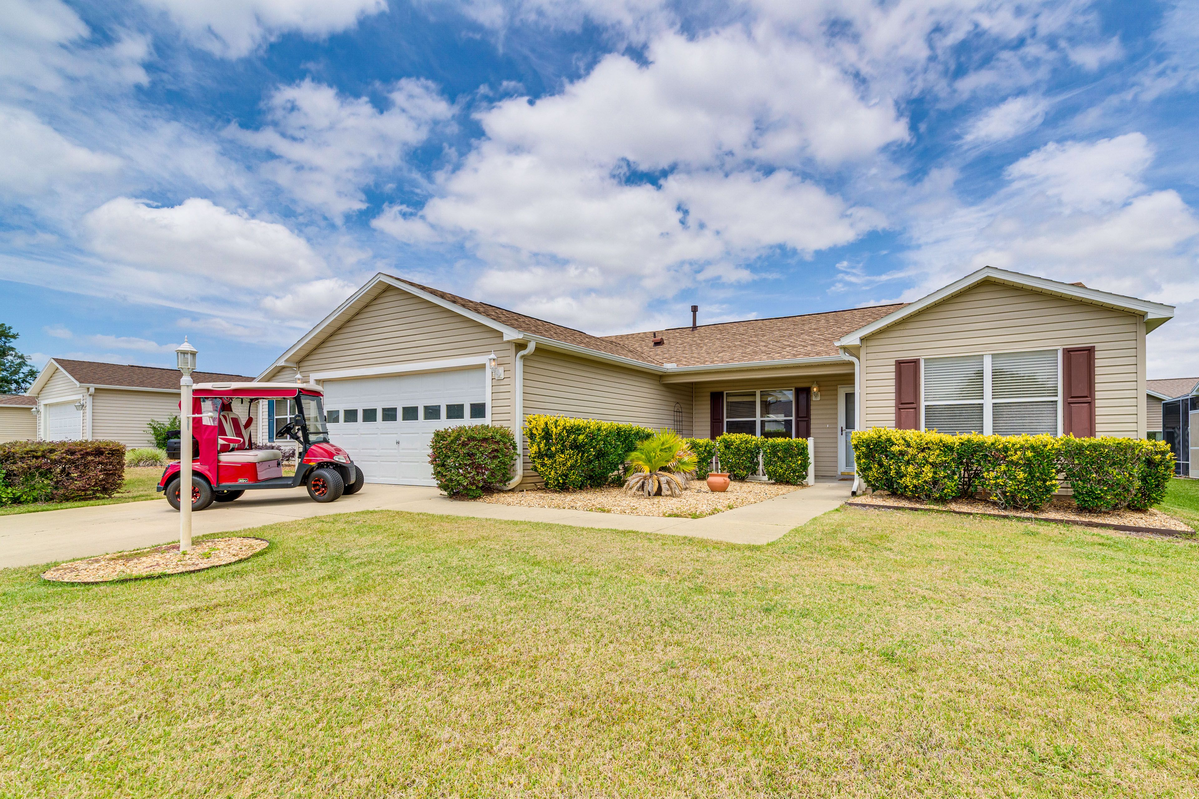 Property Exterior | Single-Story Home | Electric Golf Cart Available