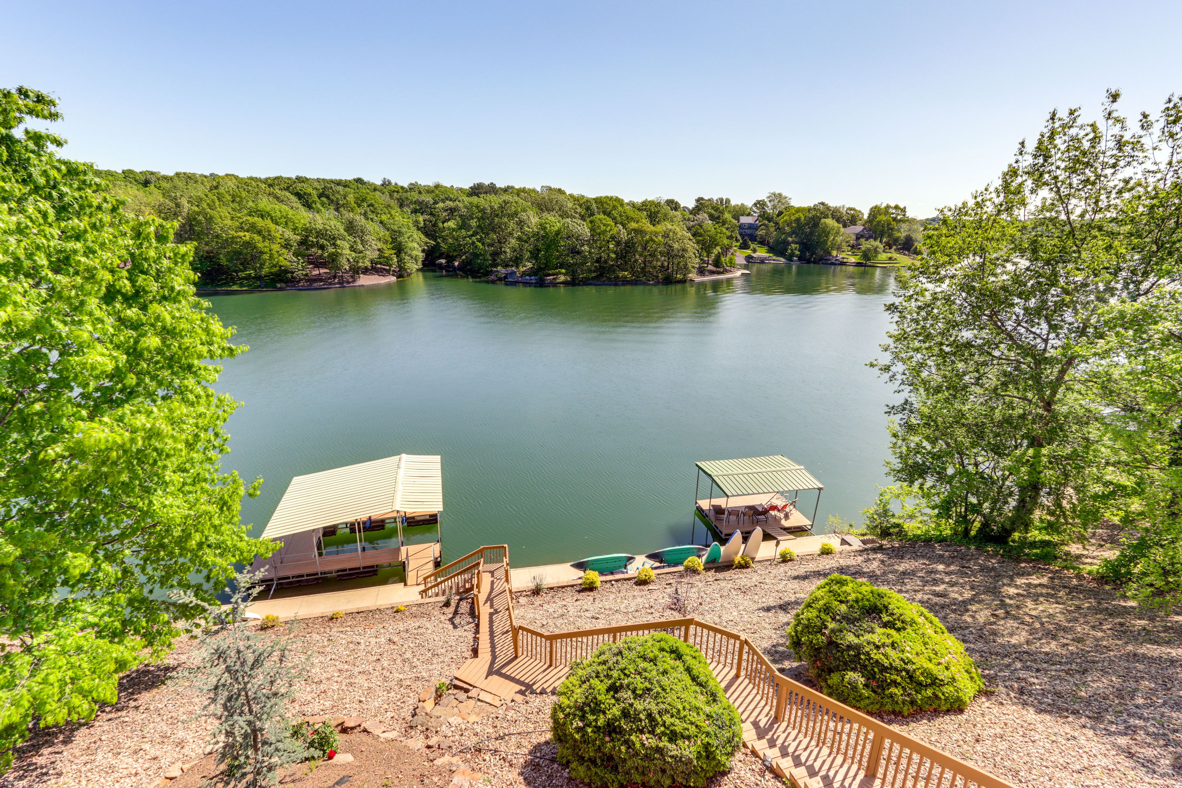 Deck View | Boat & Swim Docks | Kayaks & Paddleboards | 2-Story Home w/ Basement