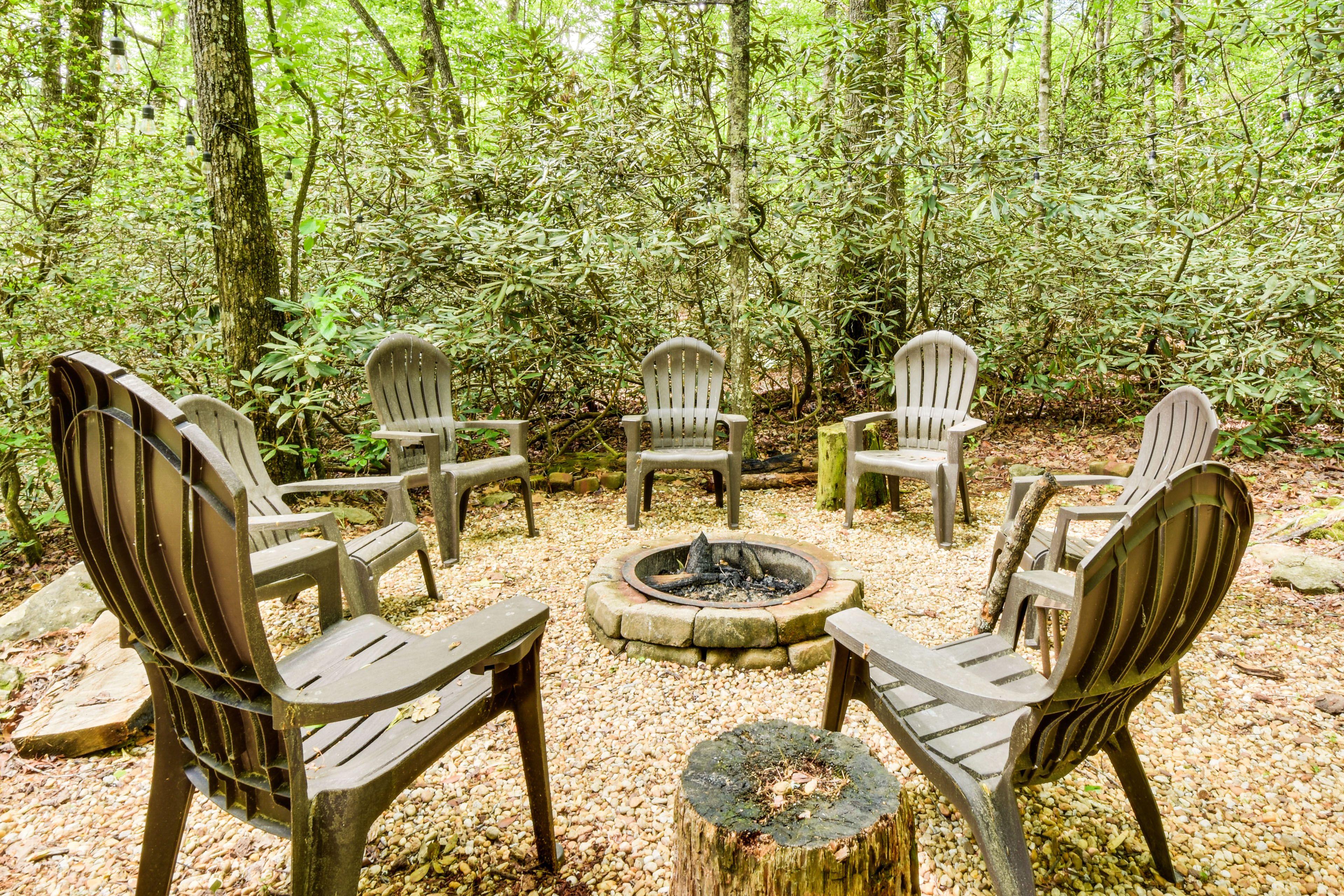 Private Backyard Area | 2-Story Cabin | Fire Pit w/ Seating