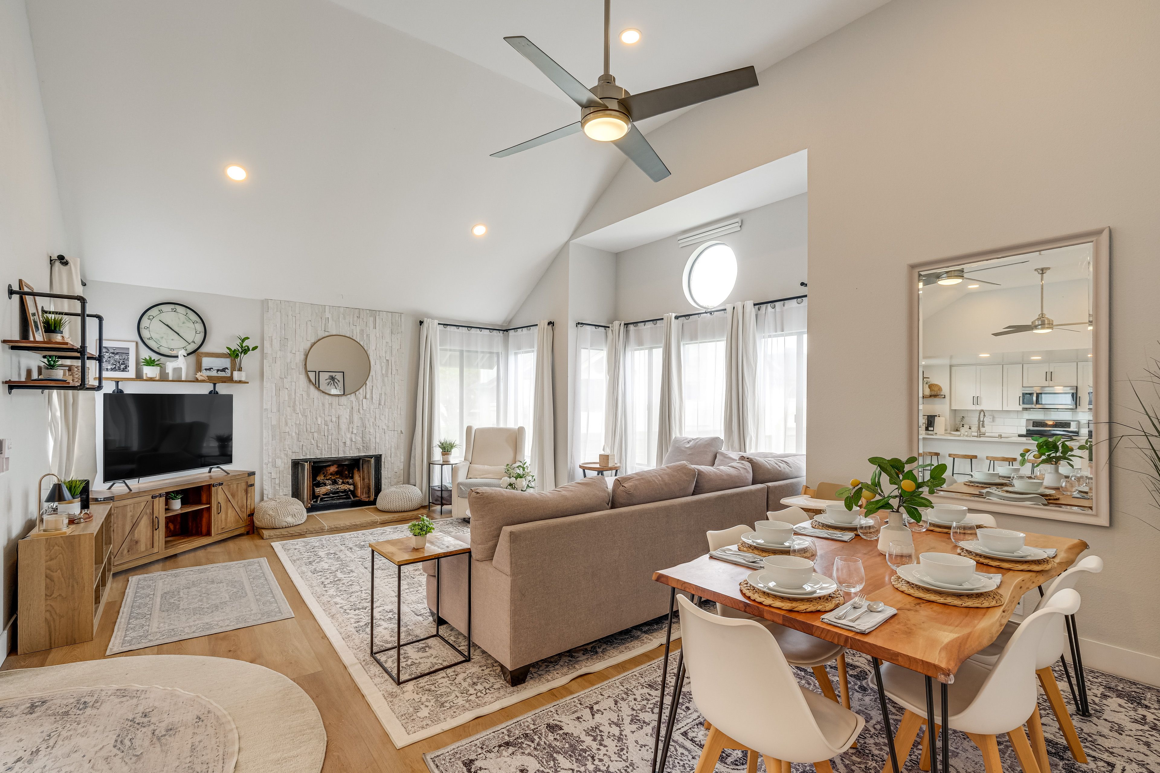 Living Room & Dining Area | Single-Story Condo on 2nd Floor | Free WiFi