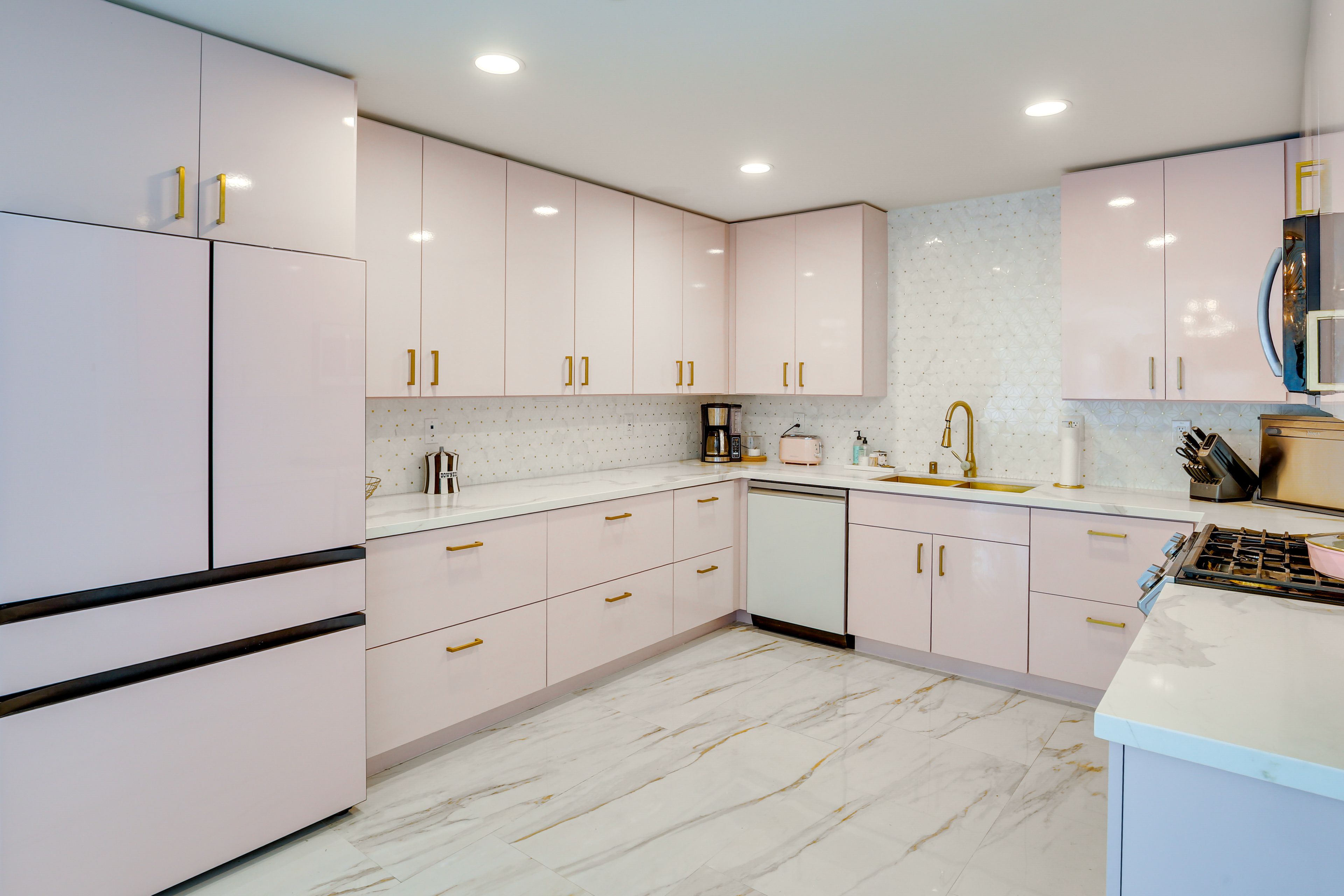 Kitchen | Drip Coffee Maker | Dishwasher | Pink Cabinets & Refrigerator