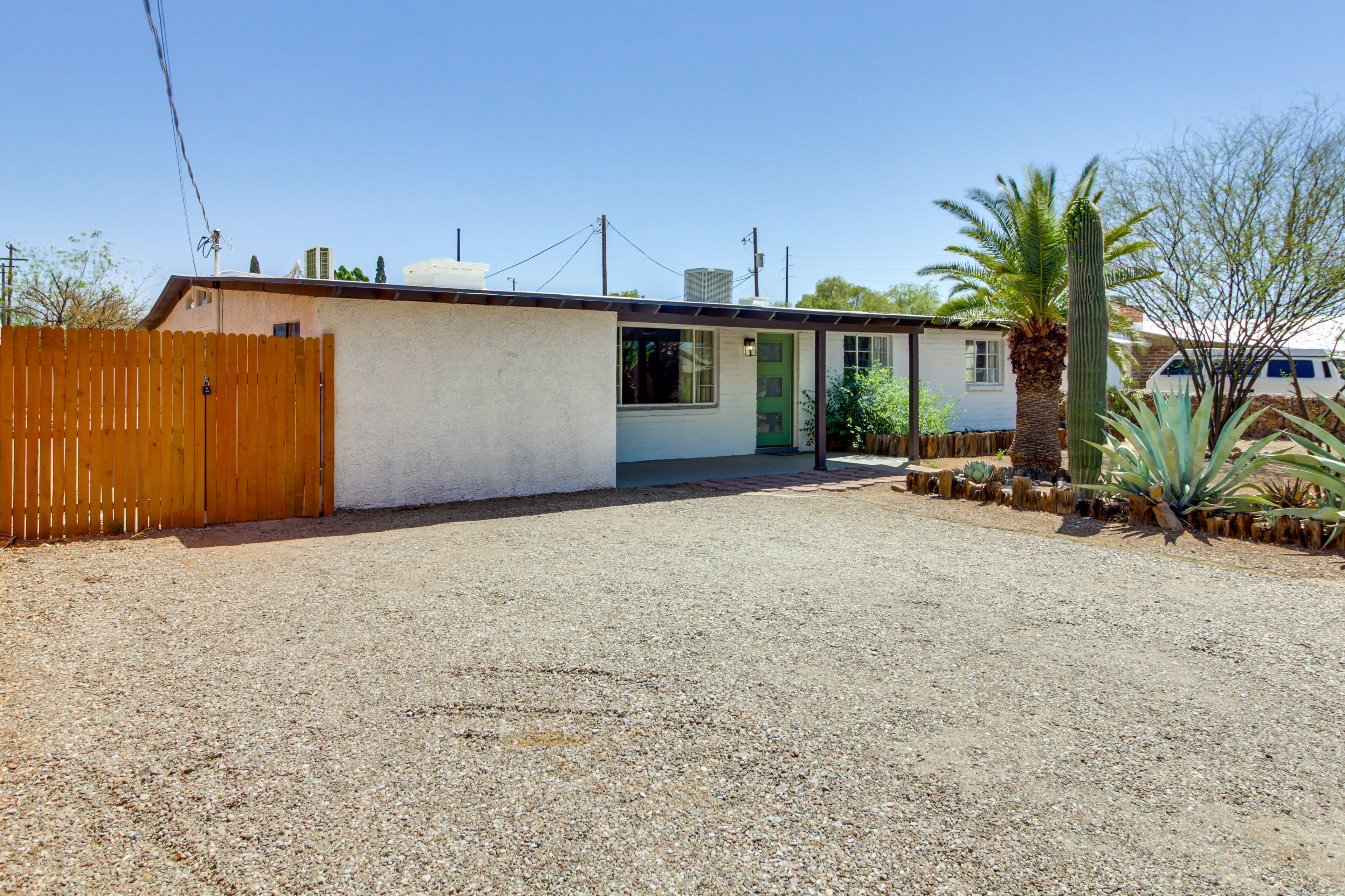 Property Exterior | Single-Story Home | Spacious Yard | Keyless Entry