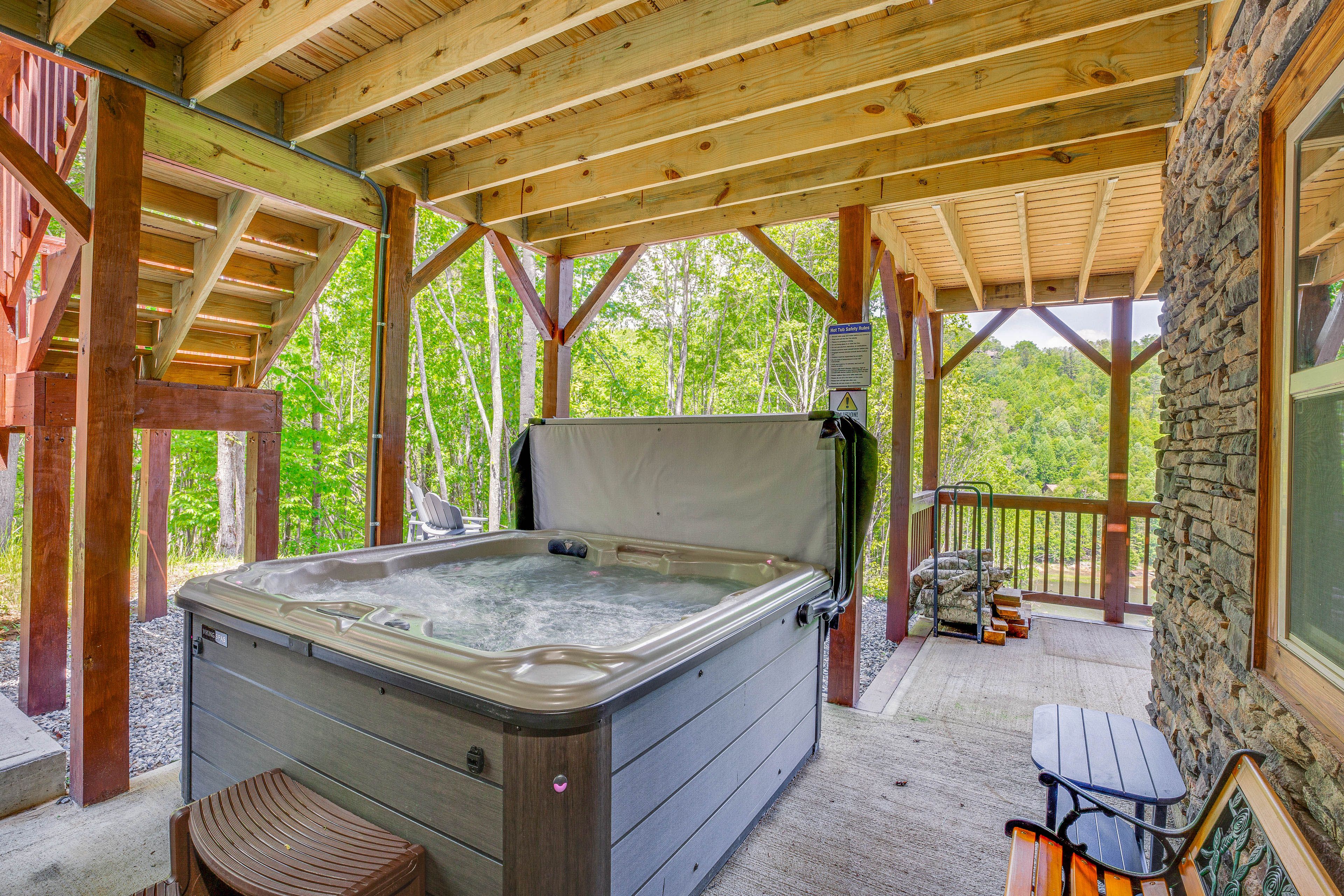 Covered Patio | Hot Tub Area | Mountain & Lakefront Views
