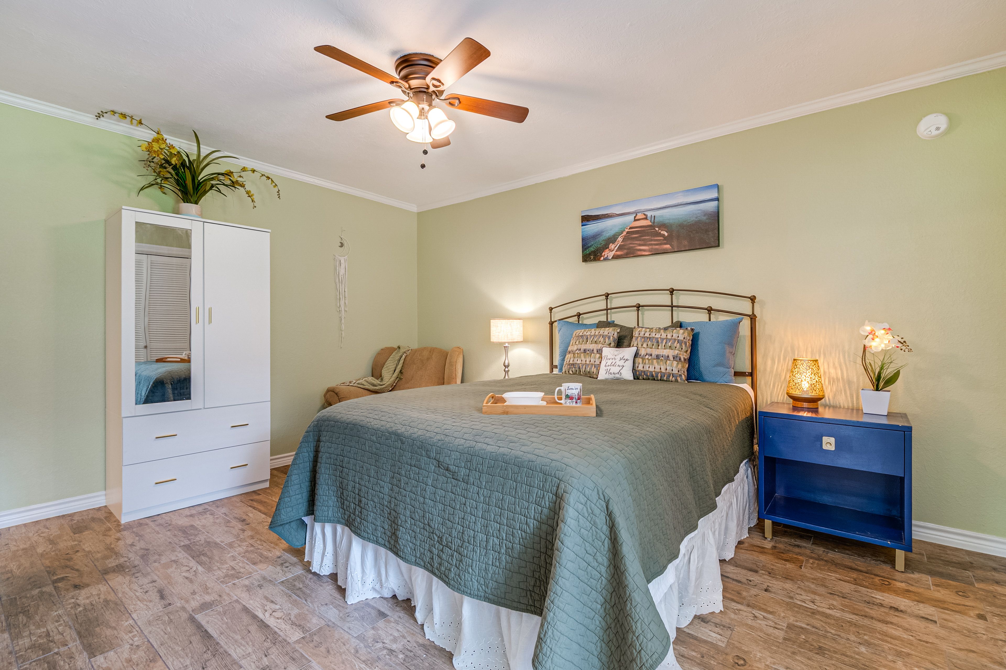 Bedroom | Queen Bed | Electric Fireplace | Linens Provided