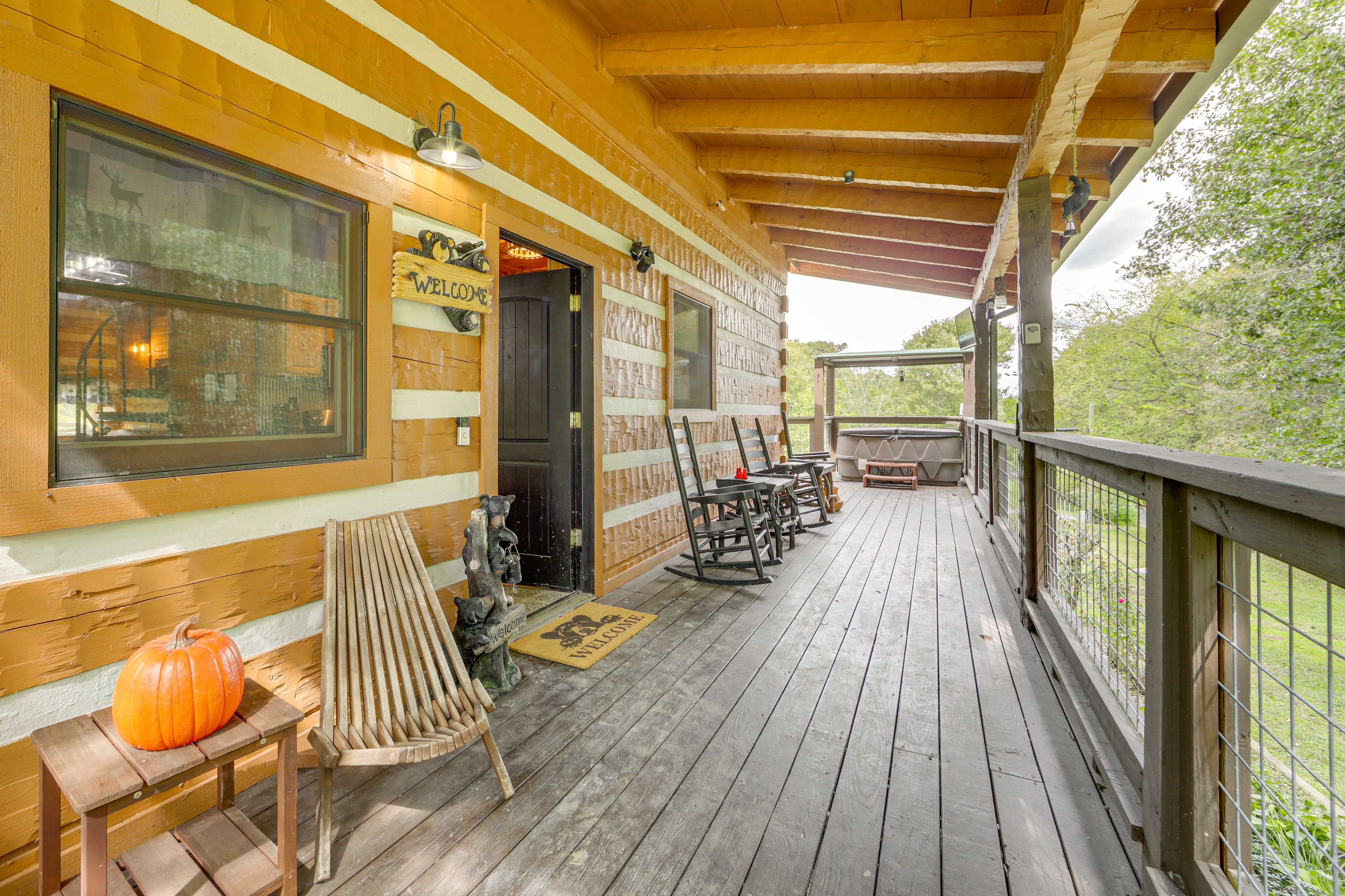 Covered Deck | Outdoor Seating | Private Hot Tub