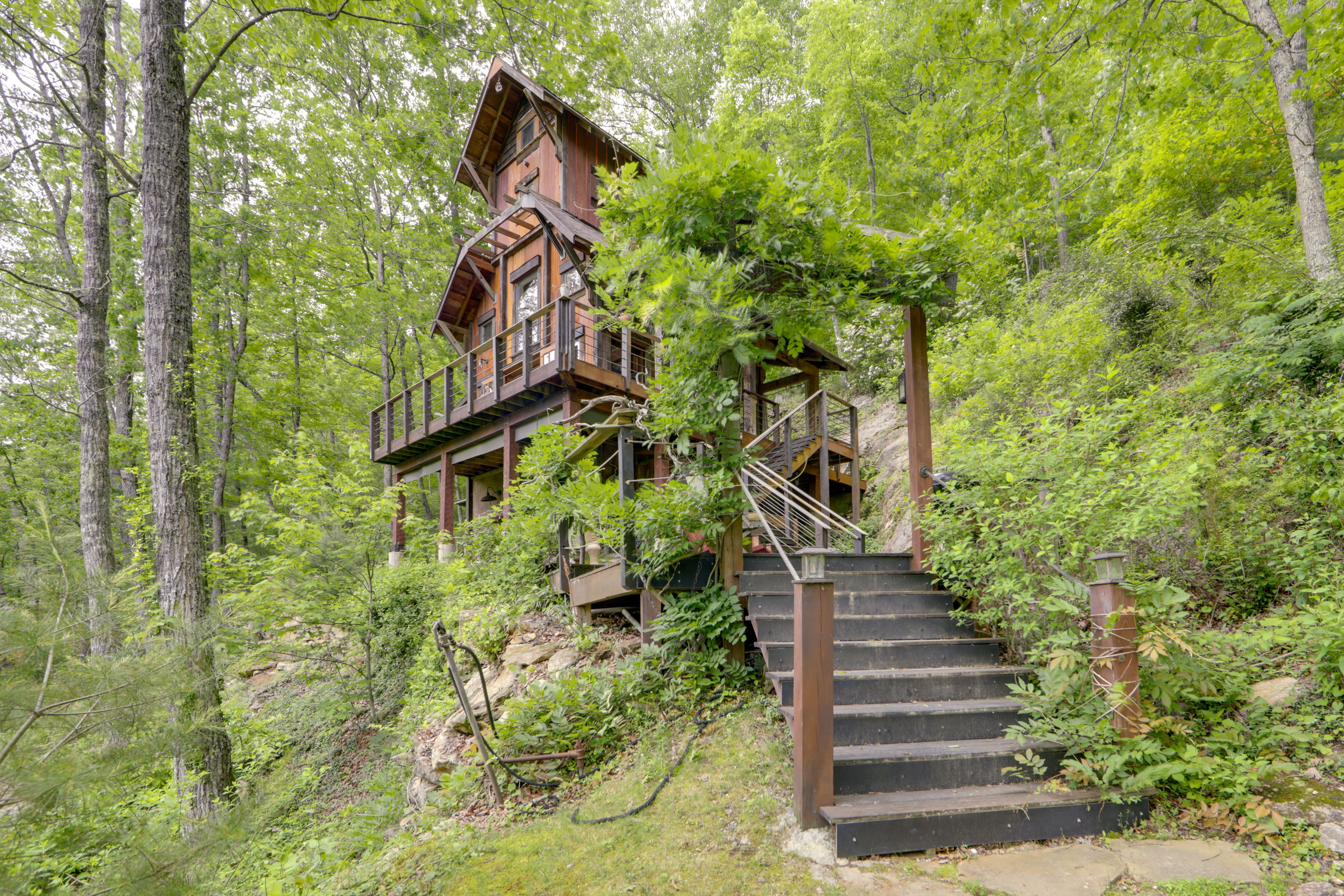 Home Exterior | Private Deck w/ Waterfall Views