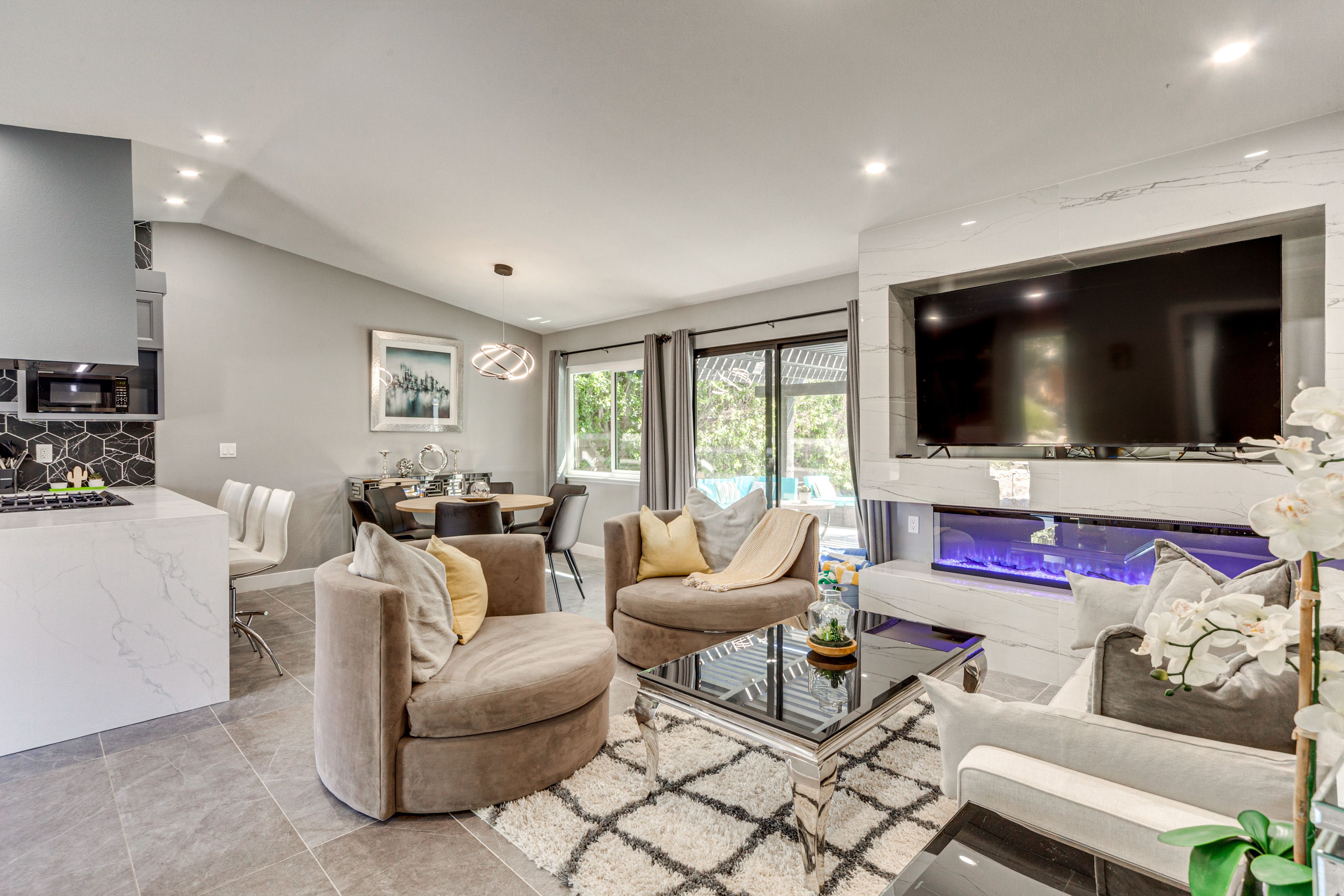 Living Room | Single-Story Home | Flat-Screen TV w/ Cable | Electric Fireplace