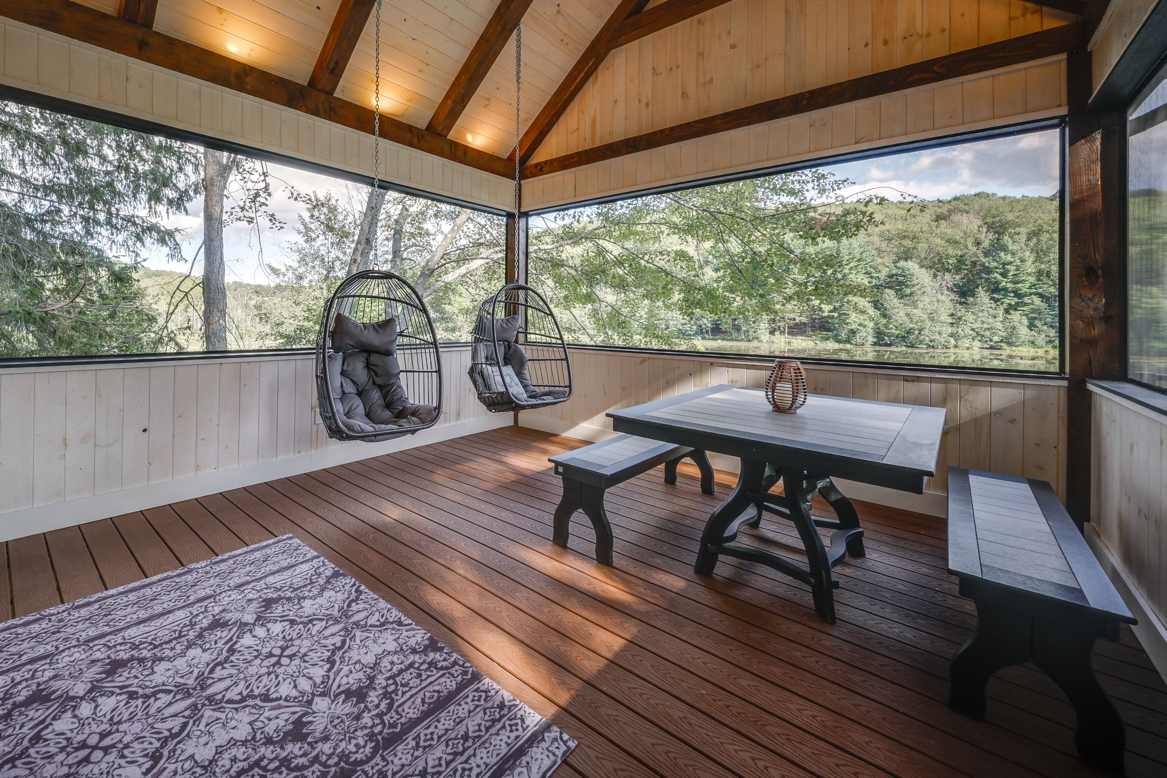 Screened-In Porch | Pond Views | Dining Area | Swinging Egg Chairs